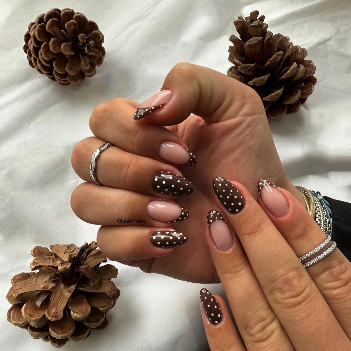 Brown Polka Dot French Tip Almond Nails