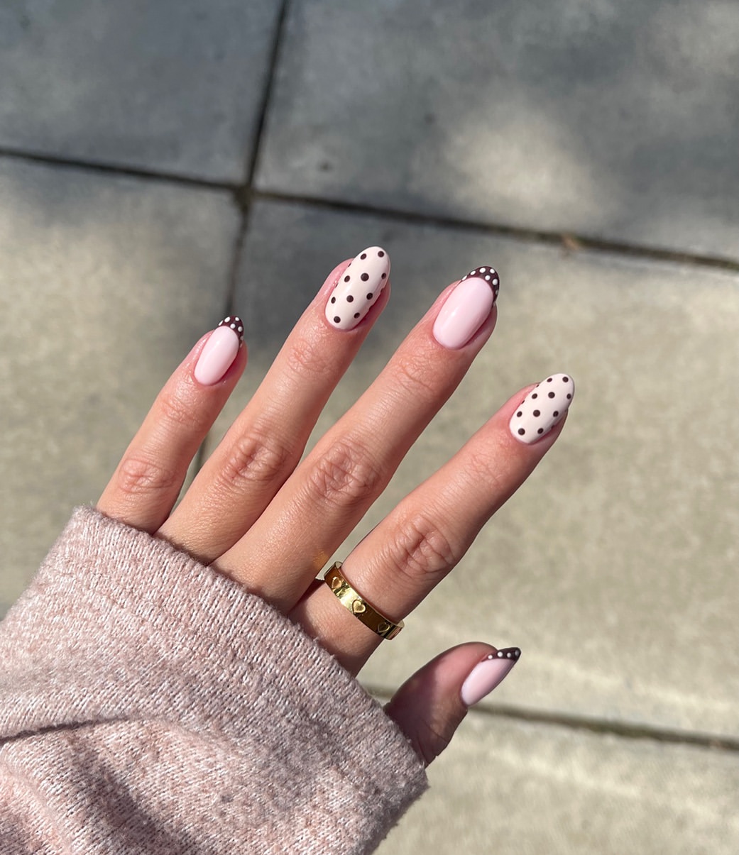 Brown Polka Dot French Tip Almond Nails