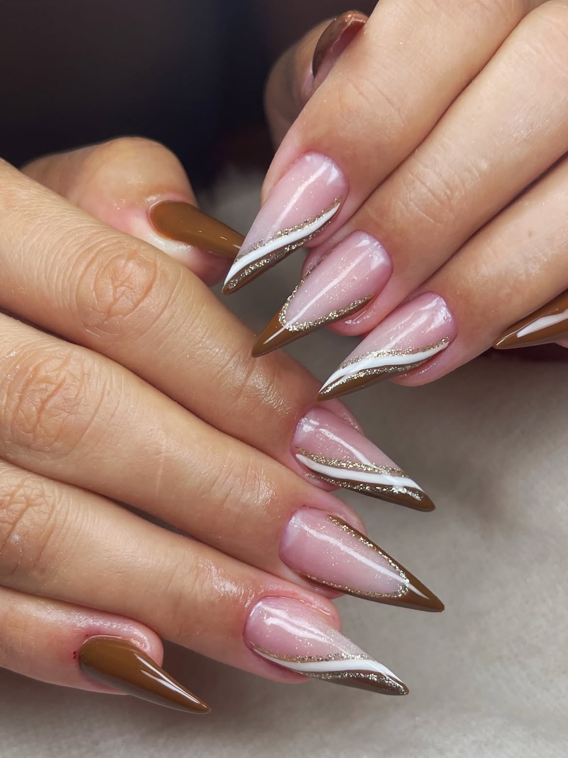Brown Tip French Stiletto with Gold Glitter Accent