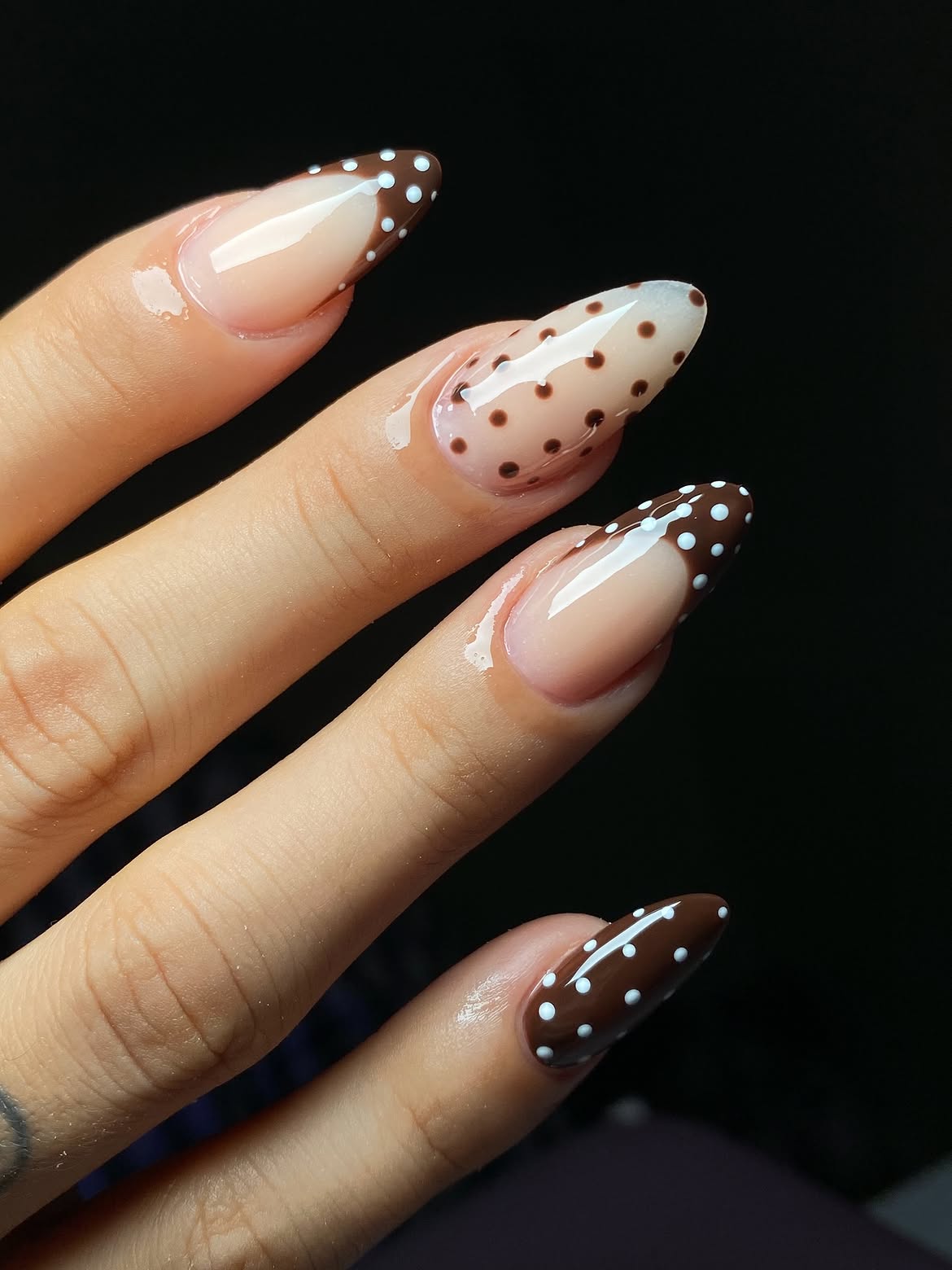 Brown White Polka Dot Almond French Nails