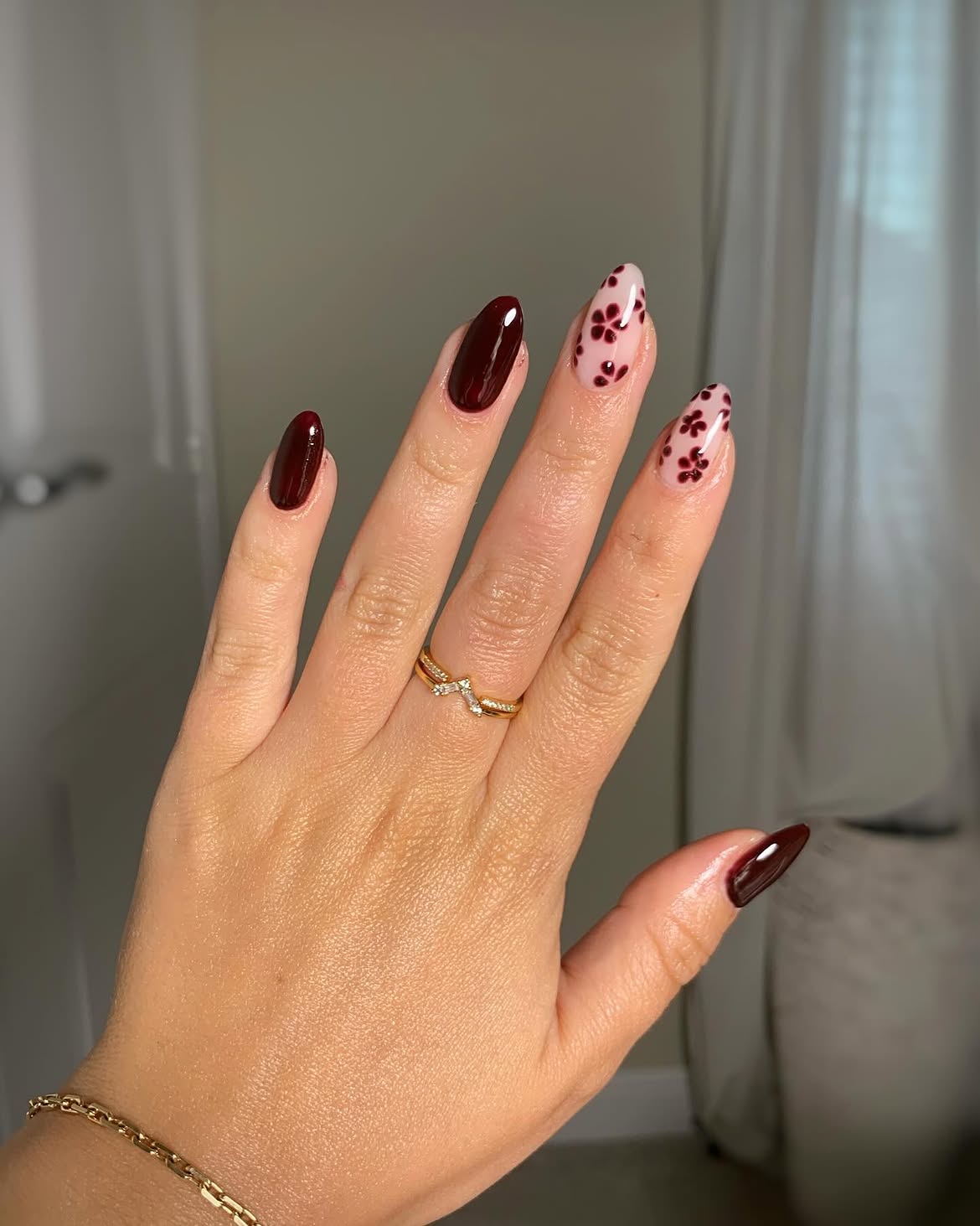 Burgundy Floral Almond Nails with Milky Accents