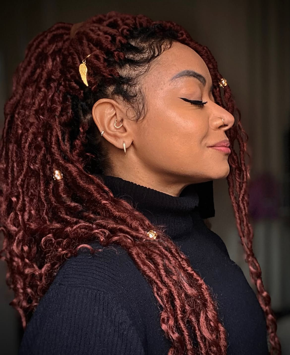 Burgundy Goddess Faux Locs With Gold Hair Accessories