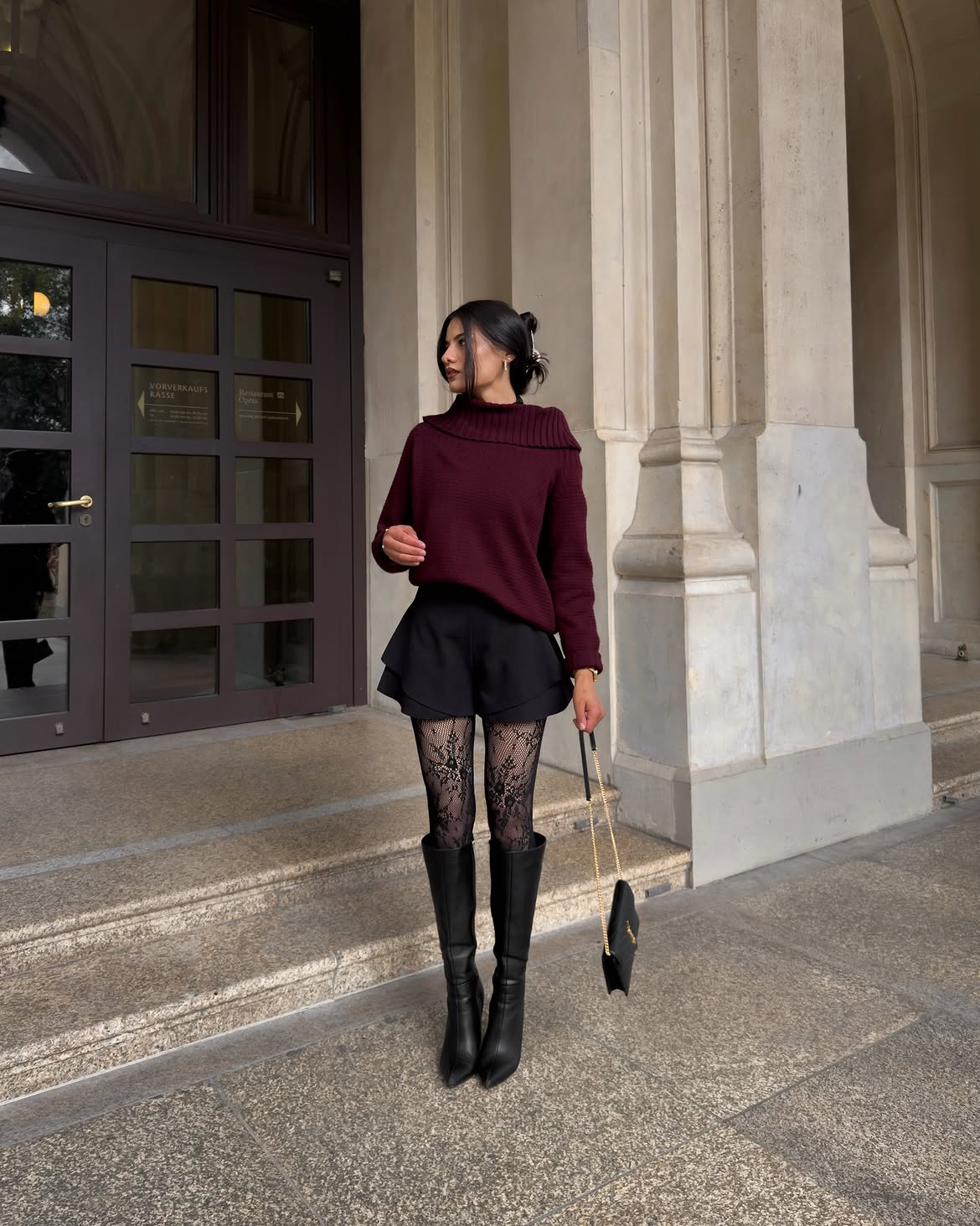 Burgundy Mock Neck Sweater With Black Skort