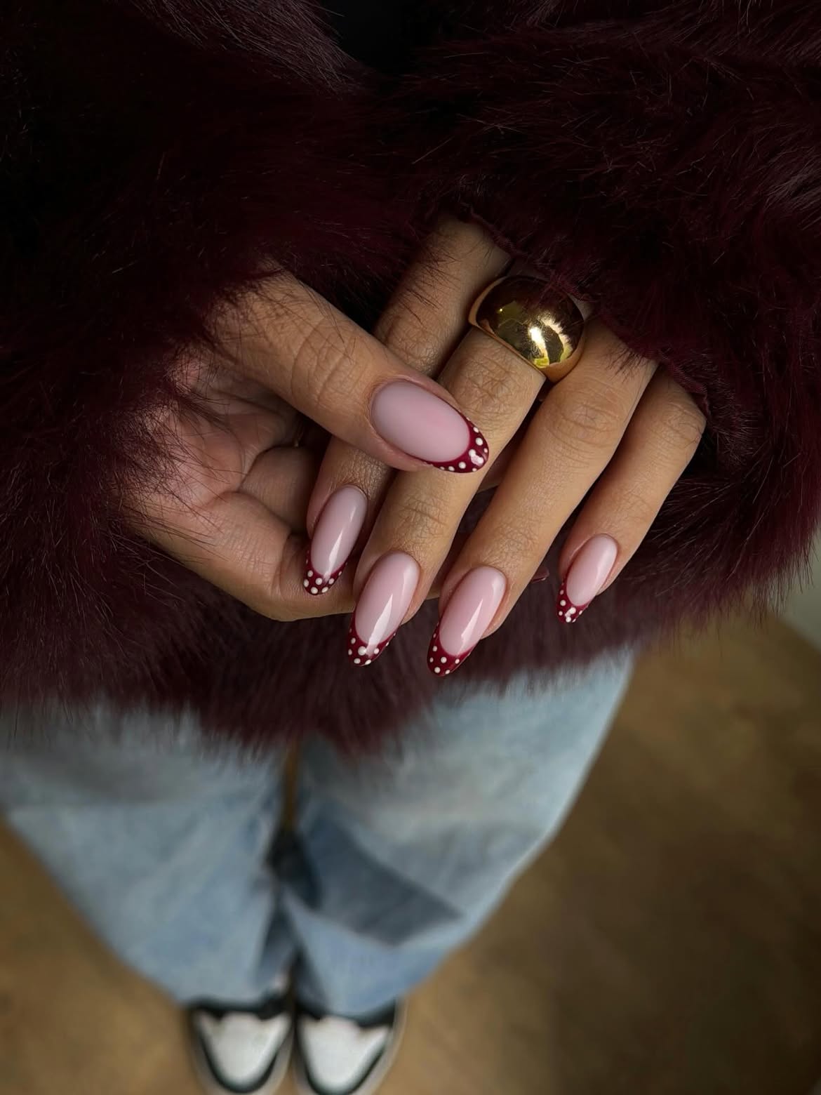 Burgundy Polka Dot French Tip Almond Nails