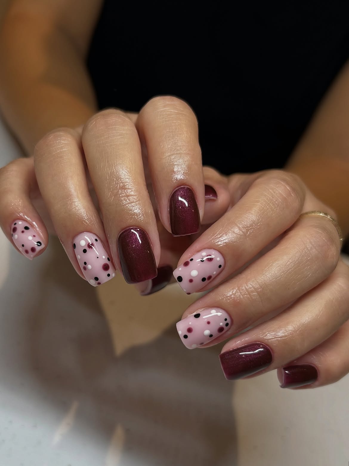 Burgundy Shimmer with Pink Polka Dot Accents