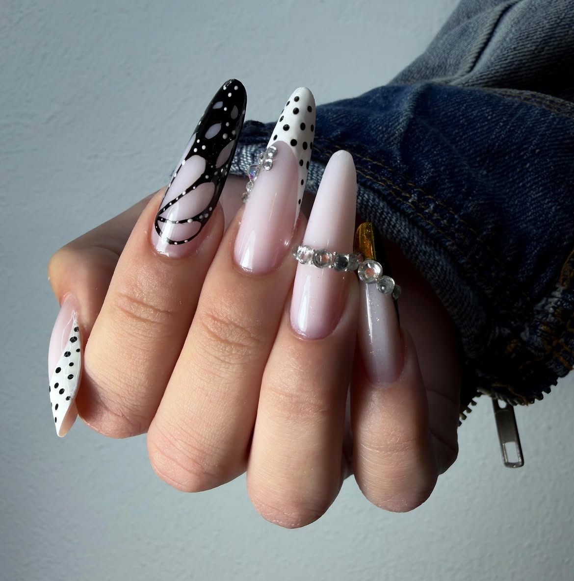Butterfly and Polka Dot Stiletto Nails