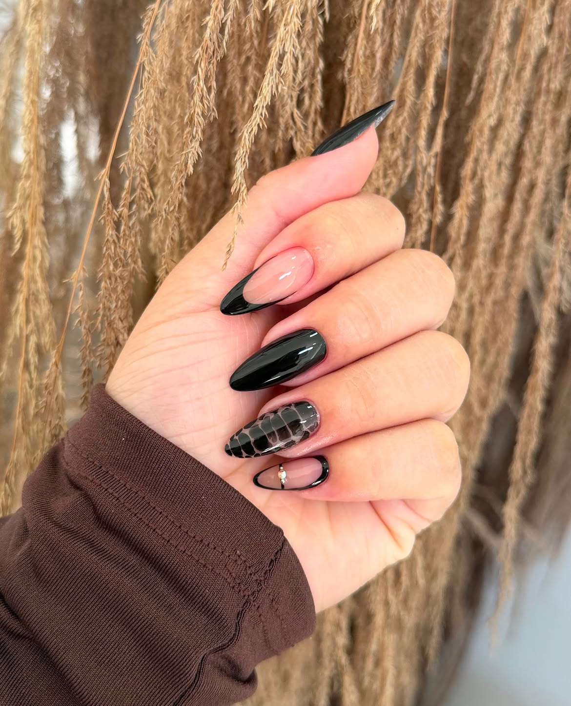 Chic Black & Neutral French Tip Snake Skin Nails