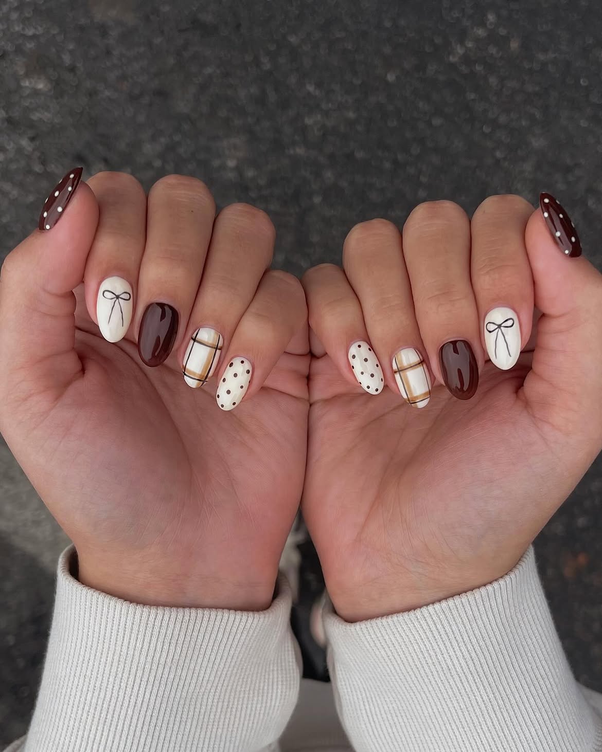 Chic Brown and White Plaid Almond Nails