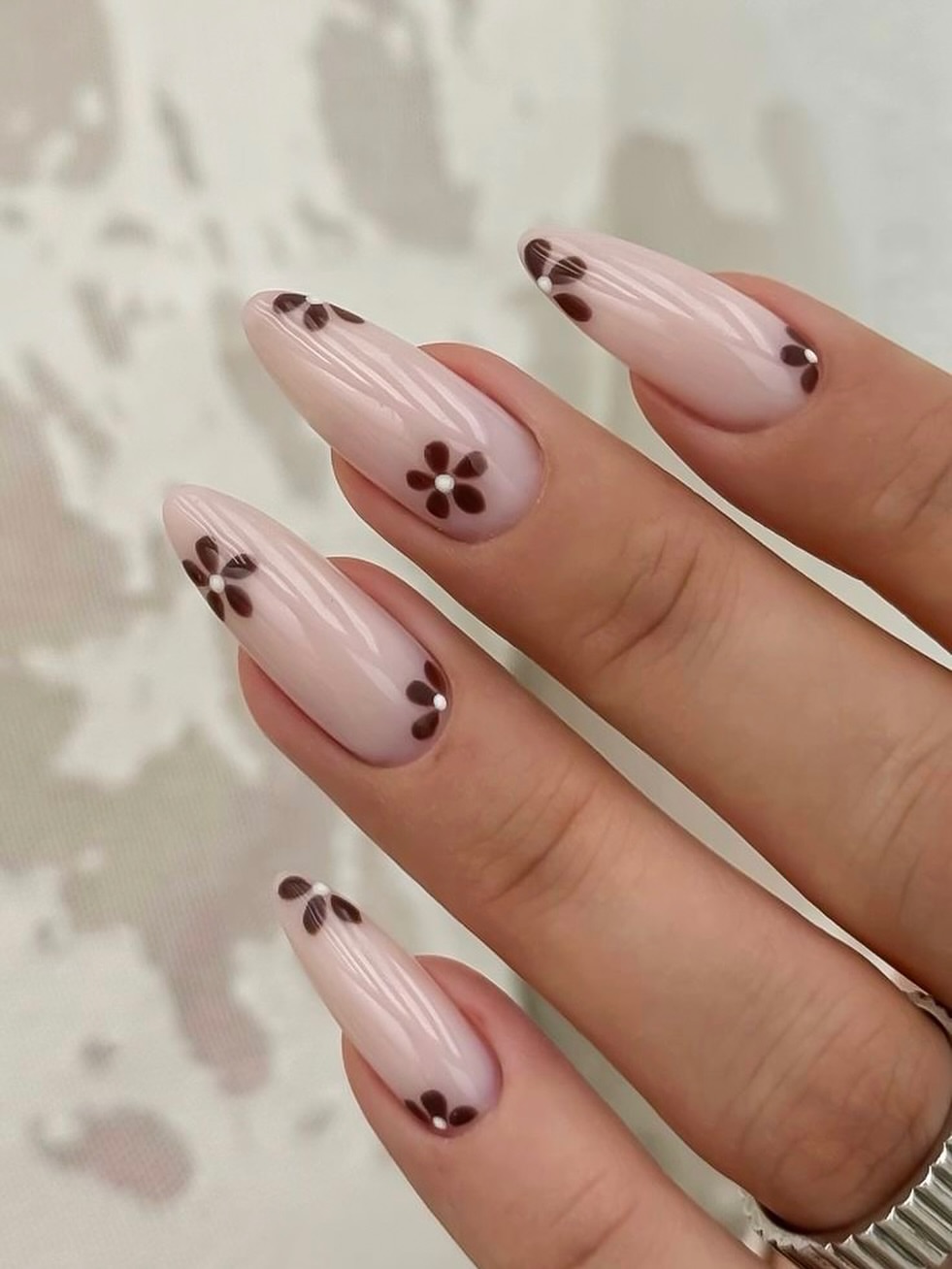 Chic Brown Floral Almond French Tips