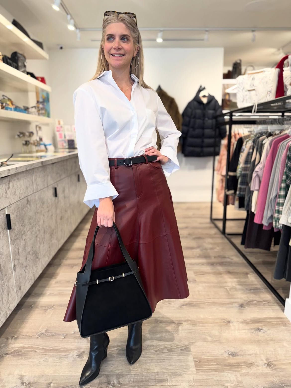 Chic Burgundy Leather Midi Skirt Outfit Idea