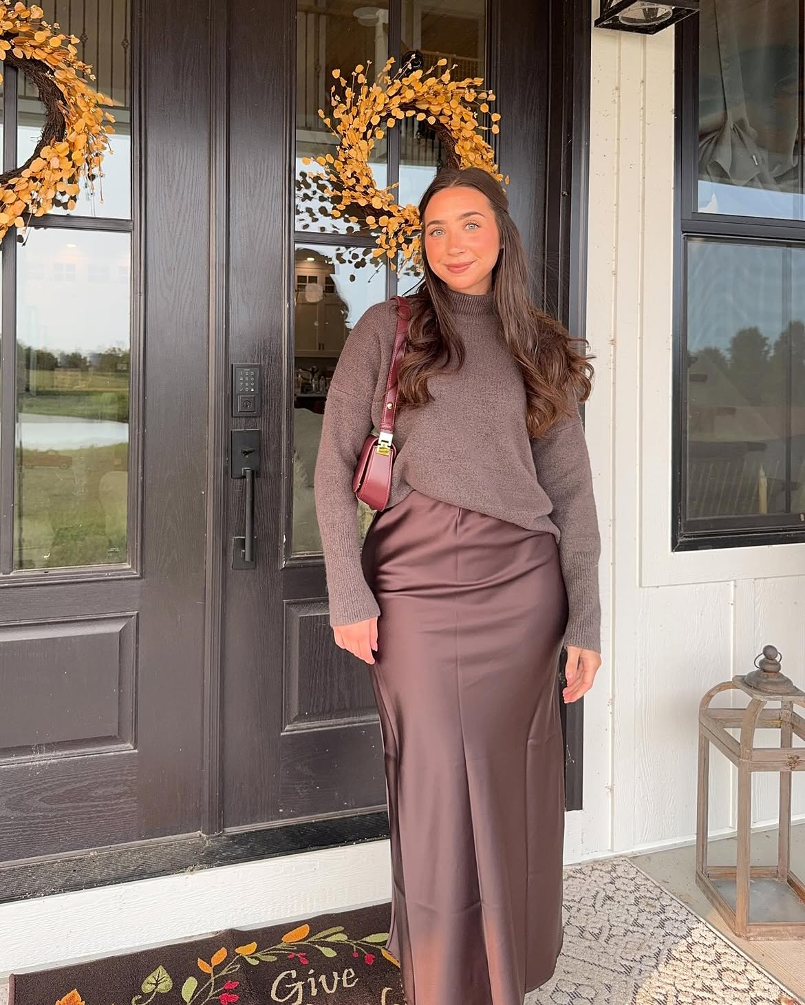 Chic Chocolate Satin Skirt And Cozy Knit Sweater