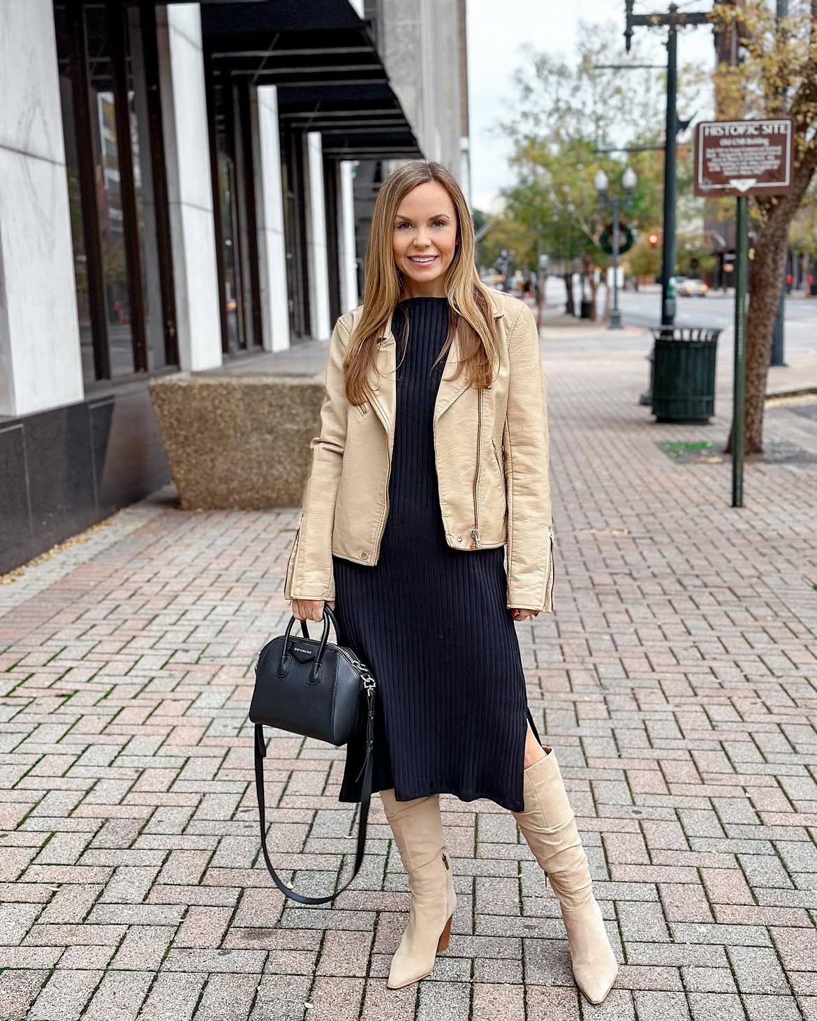 Chic Knit Dress With Moto Jacket And Boots