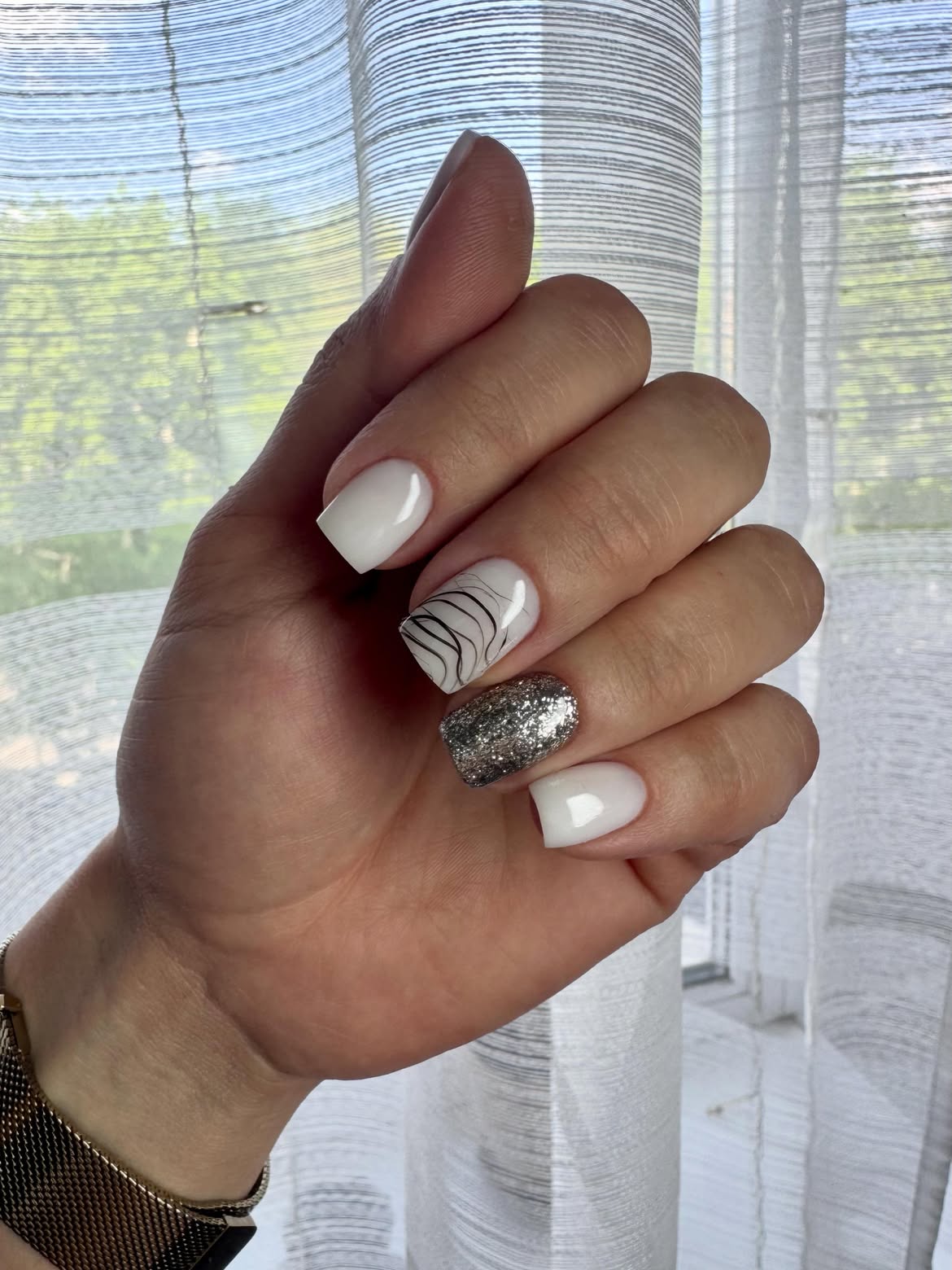 Chic White Swirls and Silver Glitter Square Nails