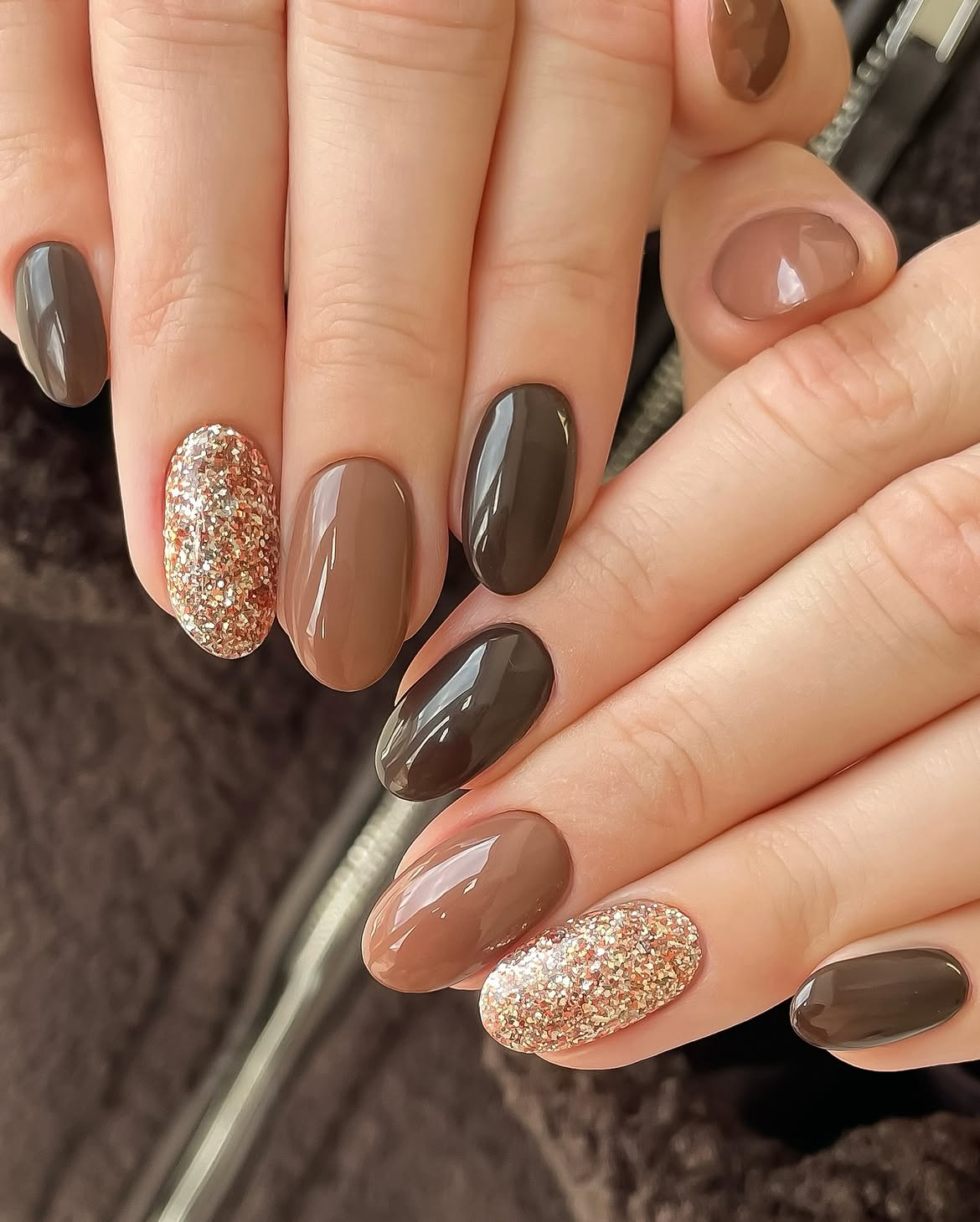 Chocolate Brown & Gold Glitter Ombre Almond Nails