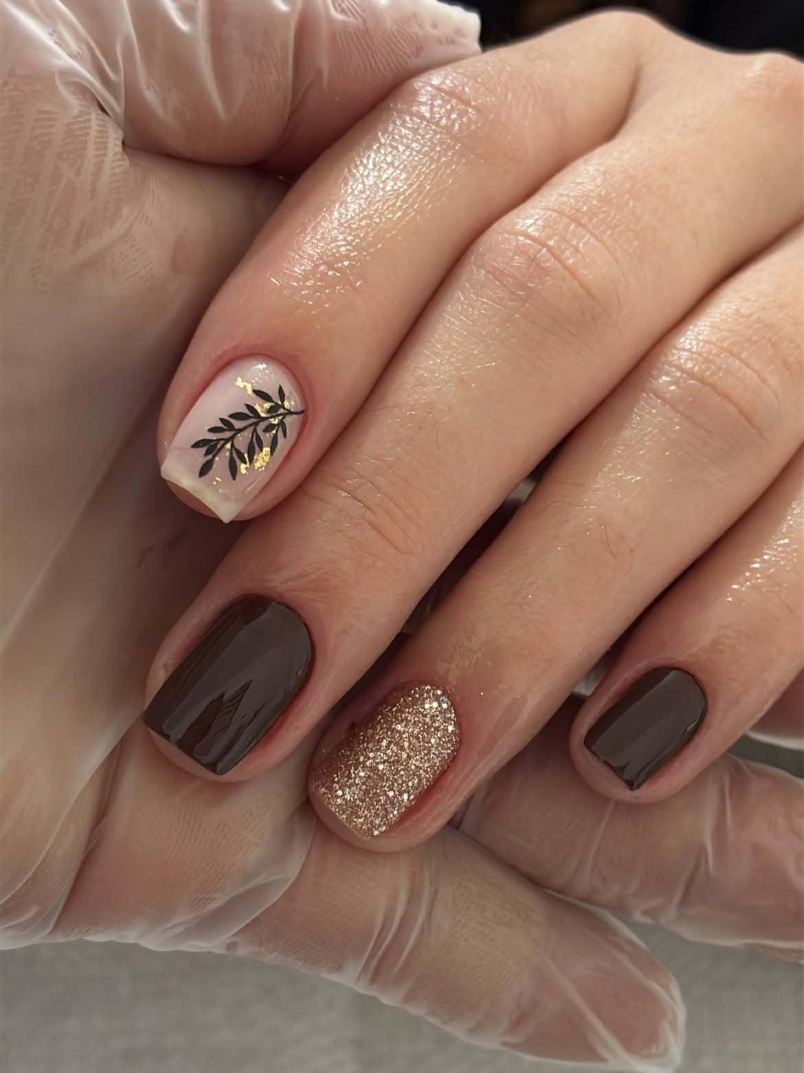 Chocolate Brown Matte & Gold Leaf Accent Nails
