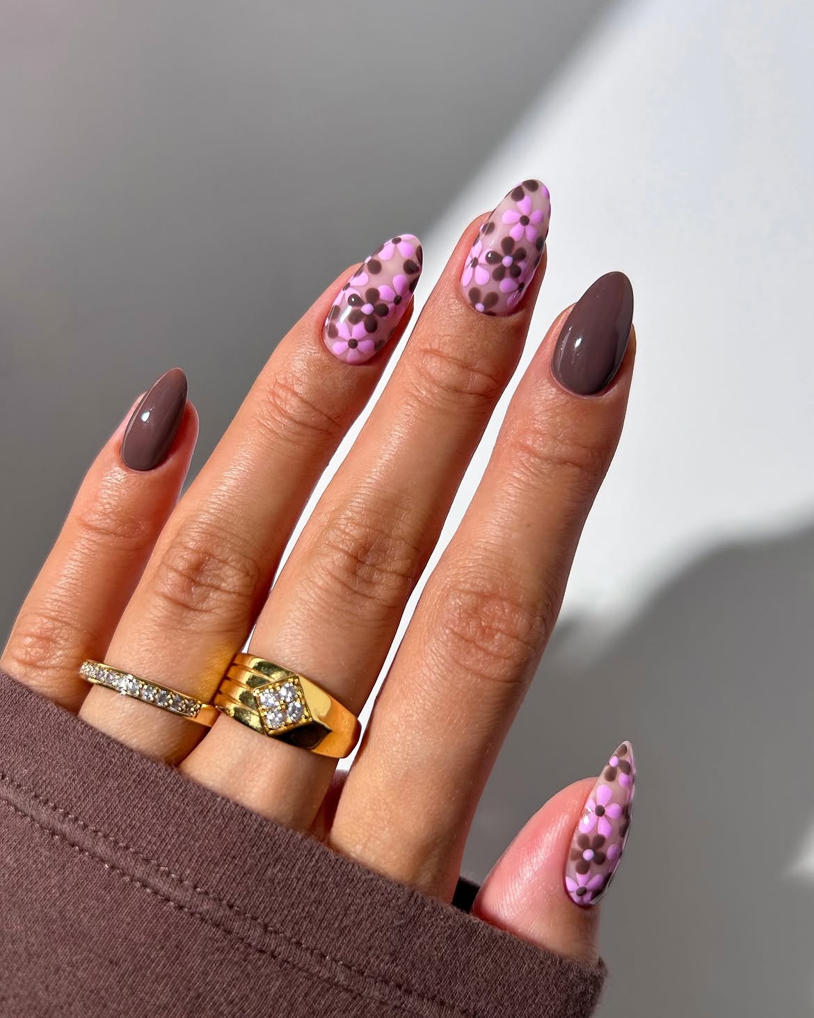 Chocolate Milk Floral Almond Nails