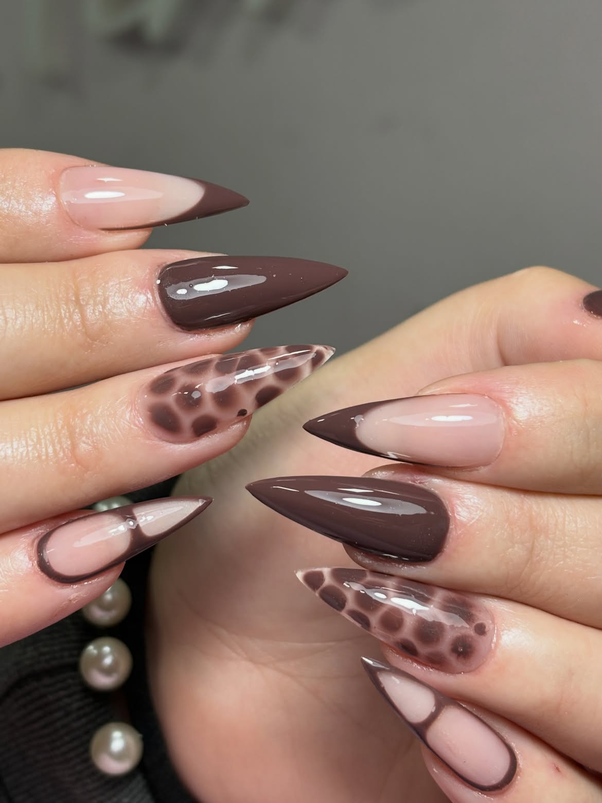 Chocolate Milk Giraffe Print Stiletto Nails