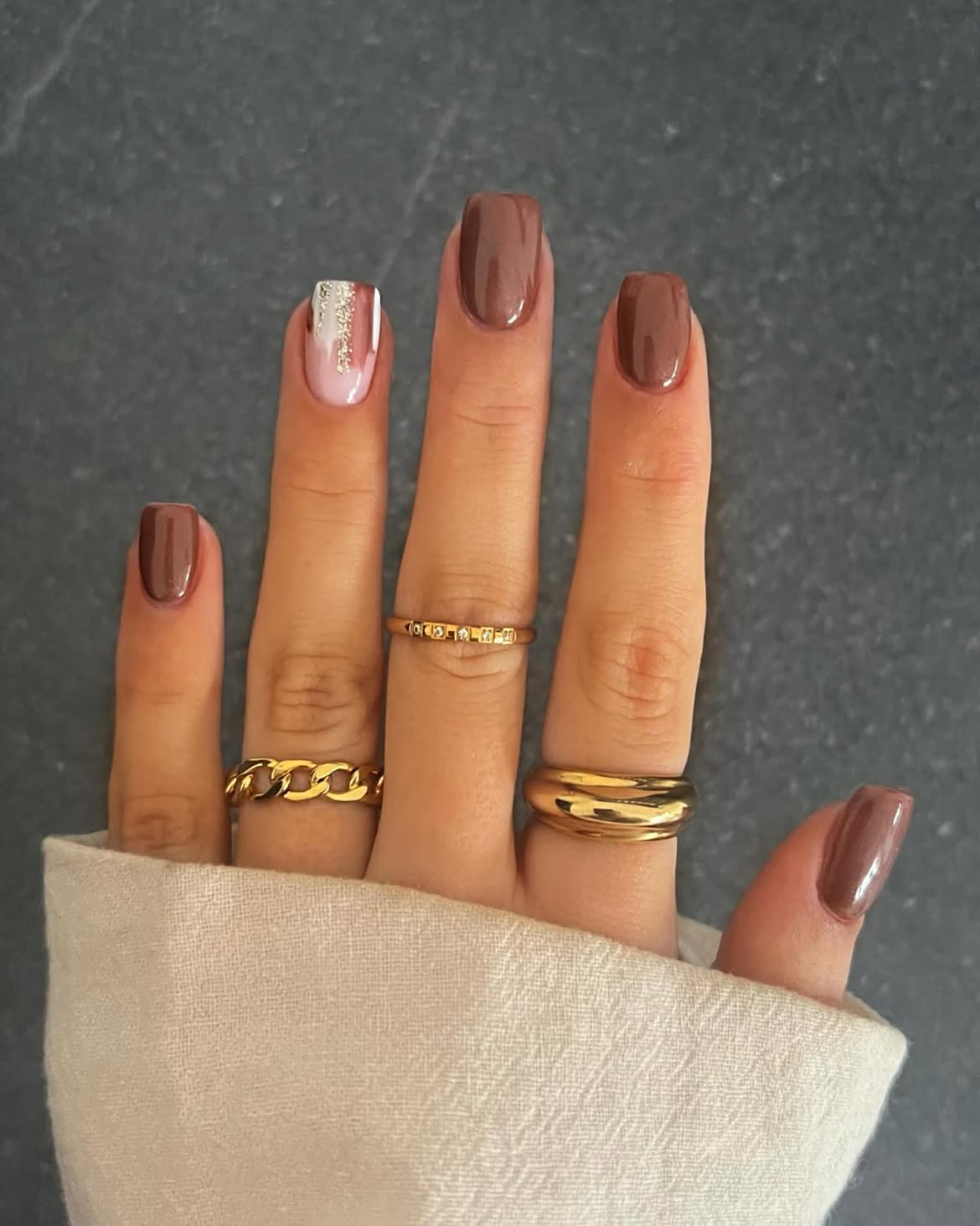 Chocolate Milk Ombre French with Silver Glitter Accent