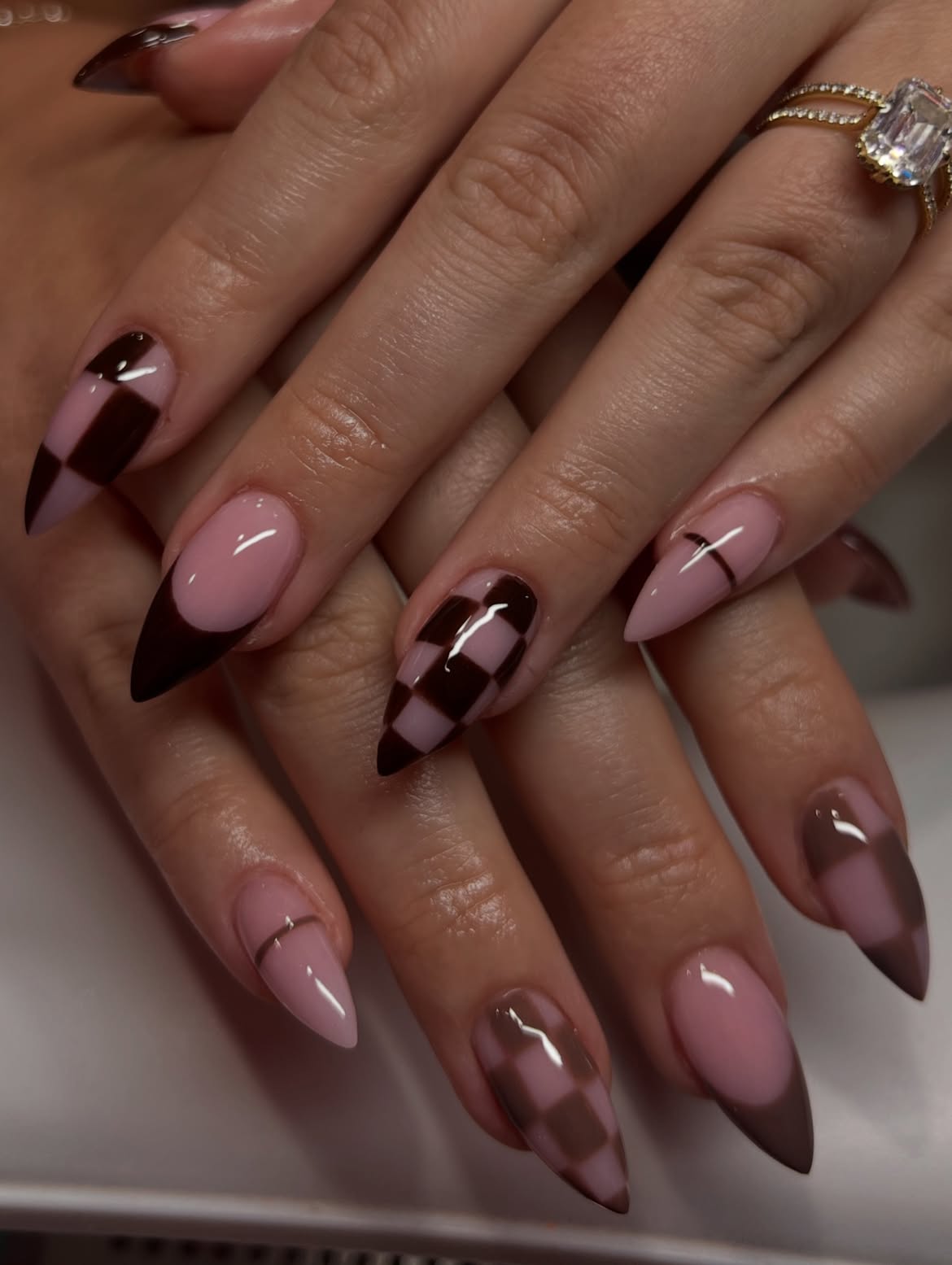 Chocolate & Pink Checkerboard Stiletto French Tips