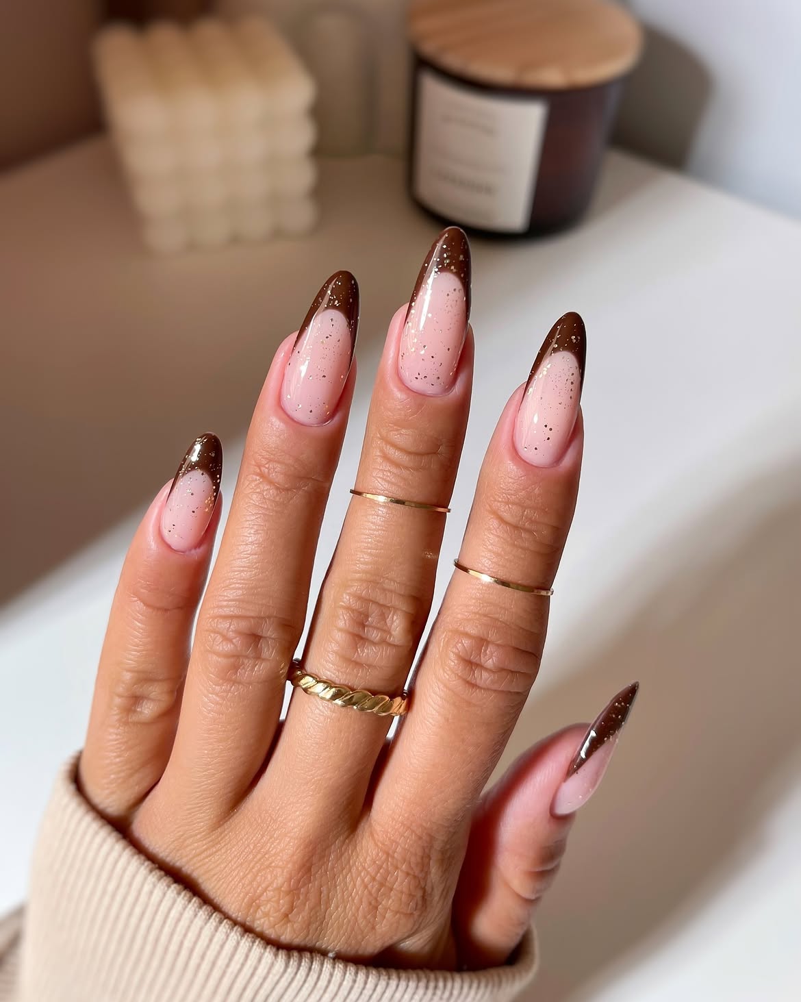 Chocolate Sparkle French Tip Almond Nails