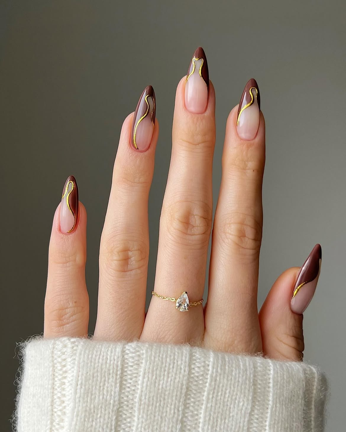 Chocolate Swirl Almond Nails with Gold Detail