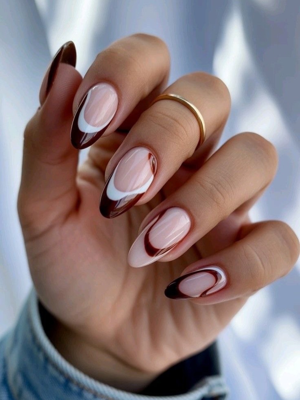 Chocolate Swirl French Tip Almond Nails