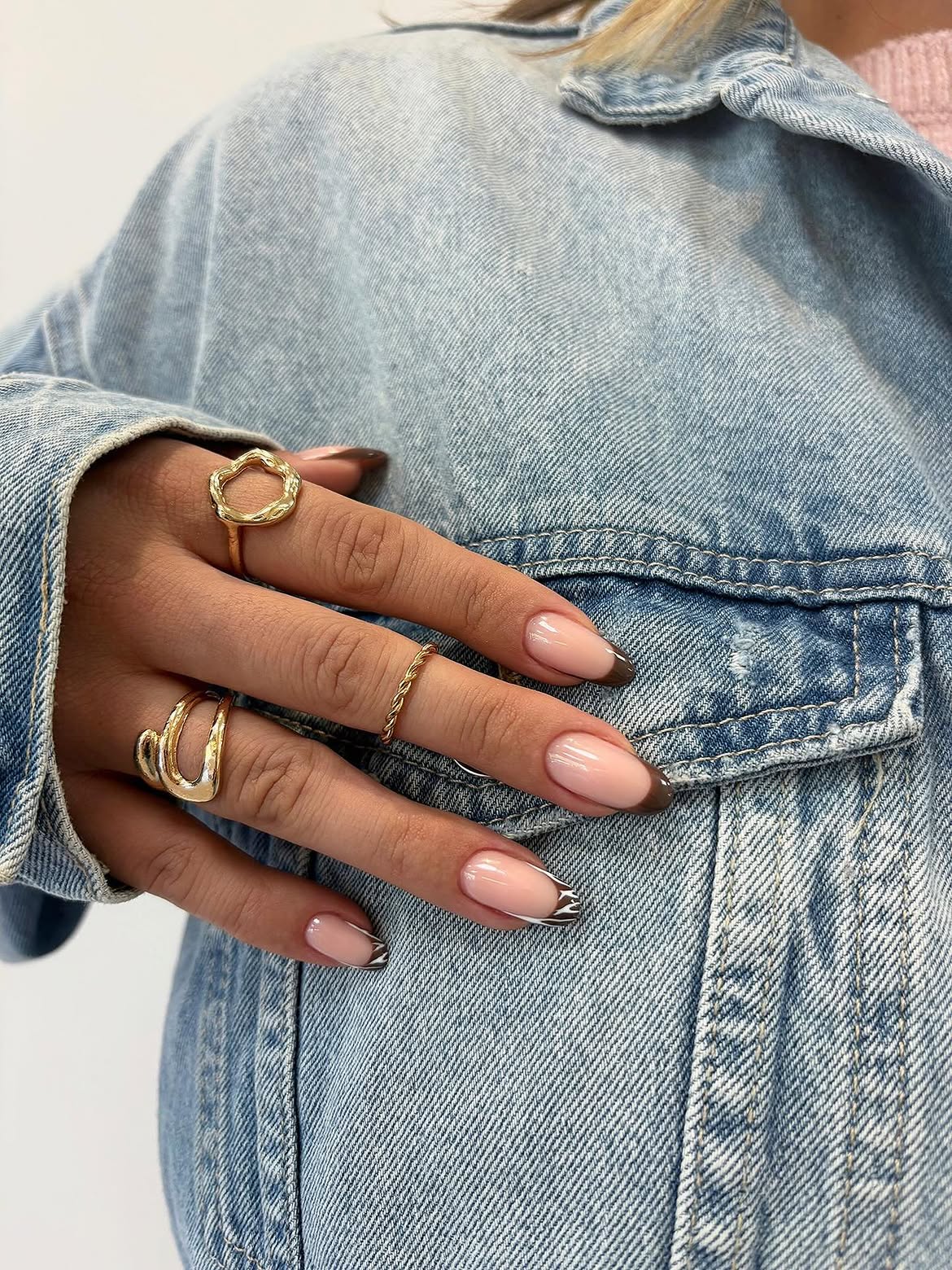 Chocolate & White Swirl French Tip Almond Nails