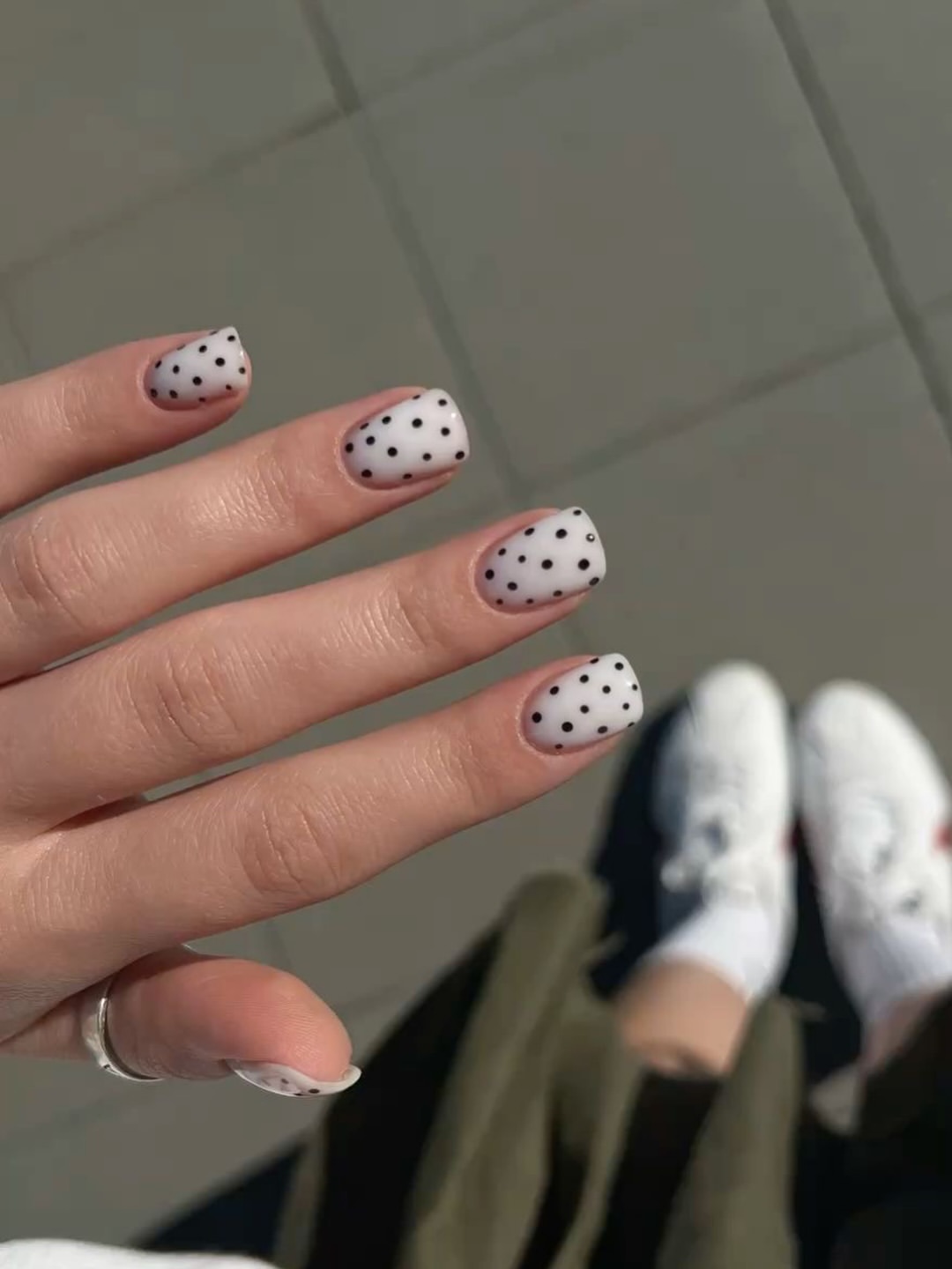 Classic Black Polka Dots on Matte White Nails