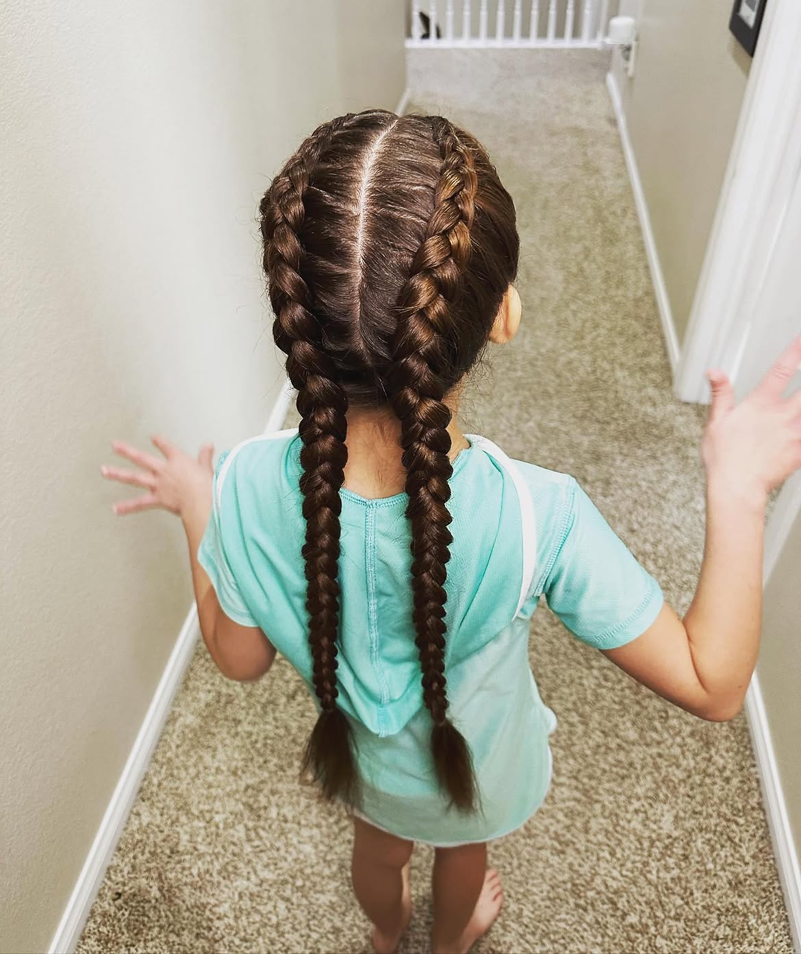 Classic Double Dutch Braids On Long Brunette Hair