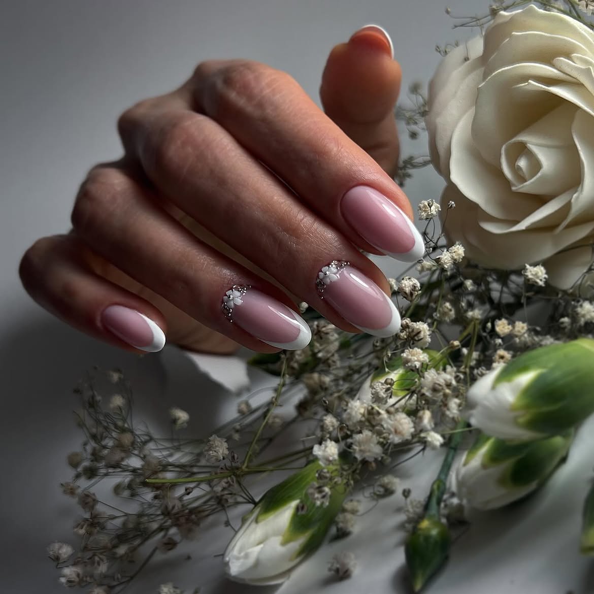 Classic French Oval Nails with Floral Accent