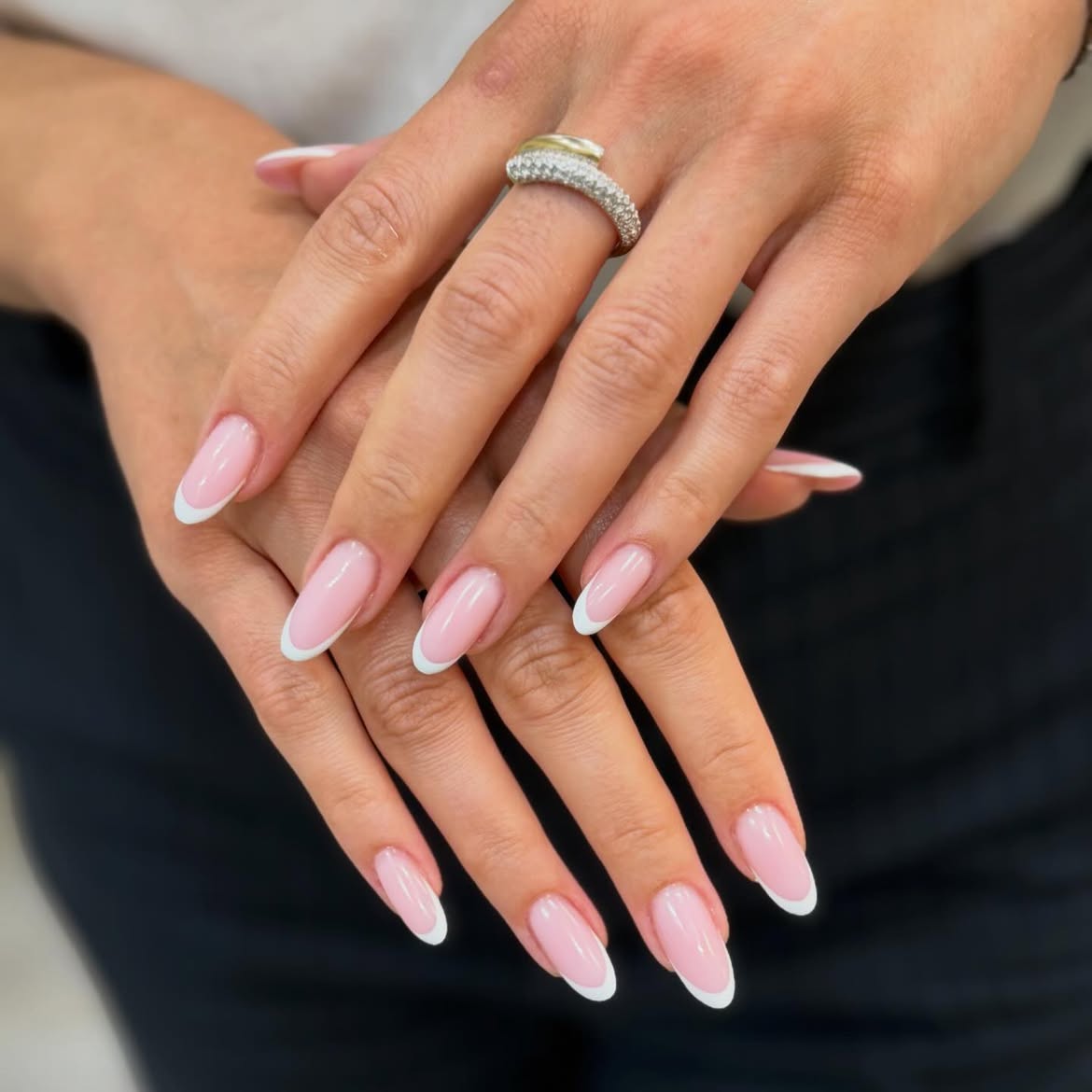 Classic Pink and White Almond French Tips
