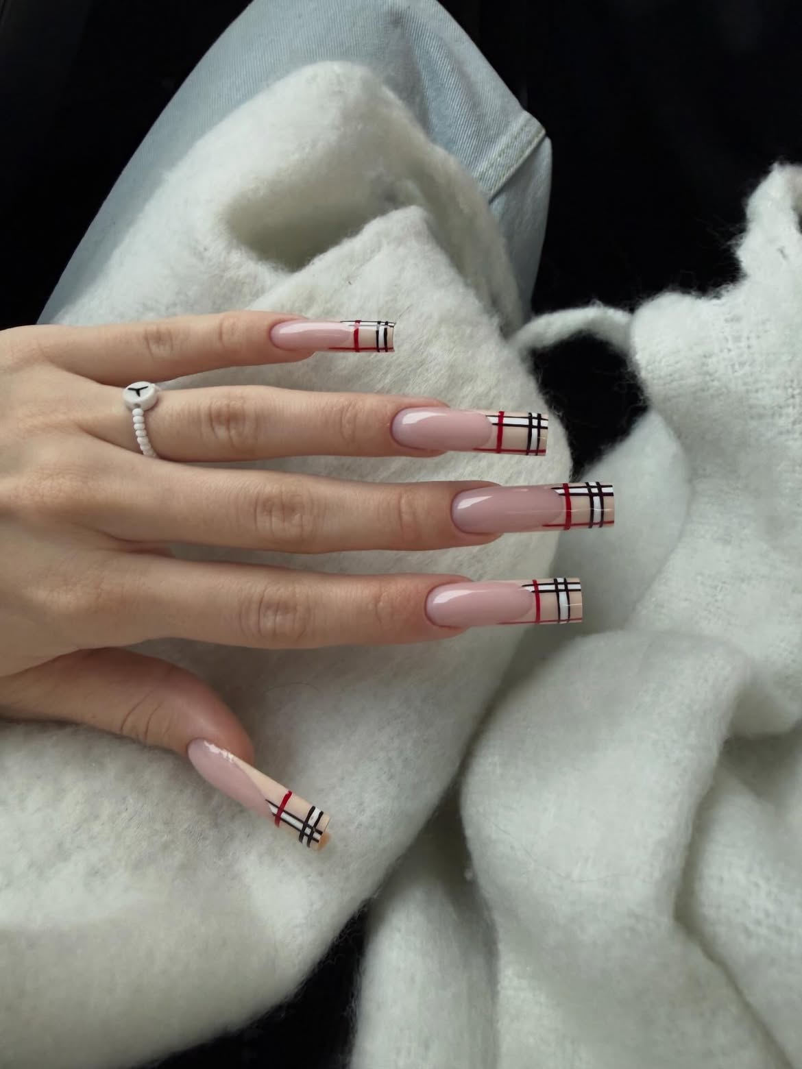 Classic Plaid French Tip Long Square Nails