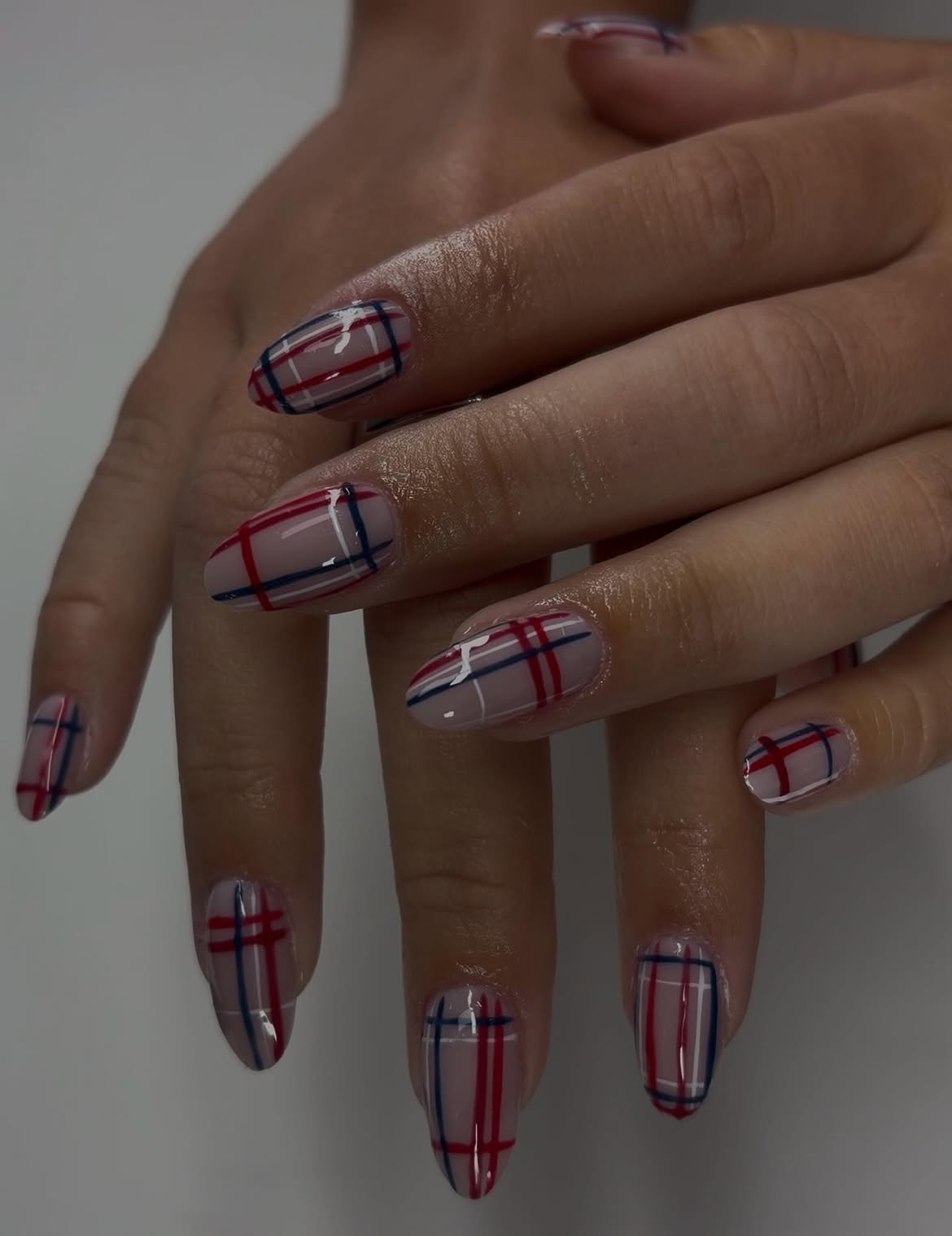 Classic Red, White, and Blue Plaid Nails