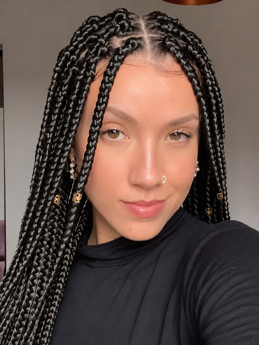 Classic Waist Length Box Braids With Gold Cuffs