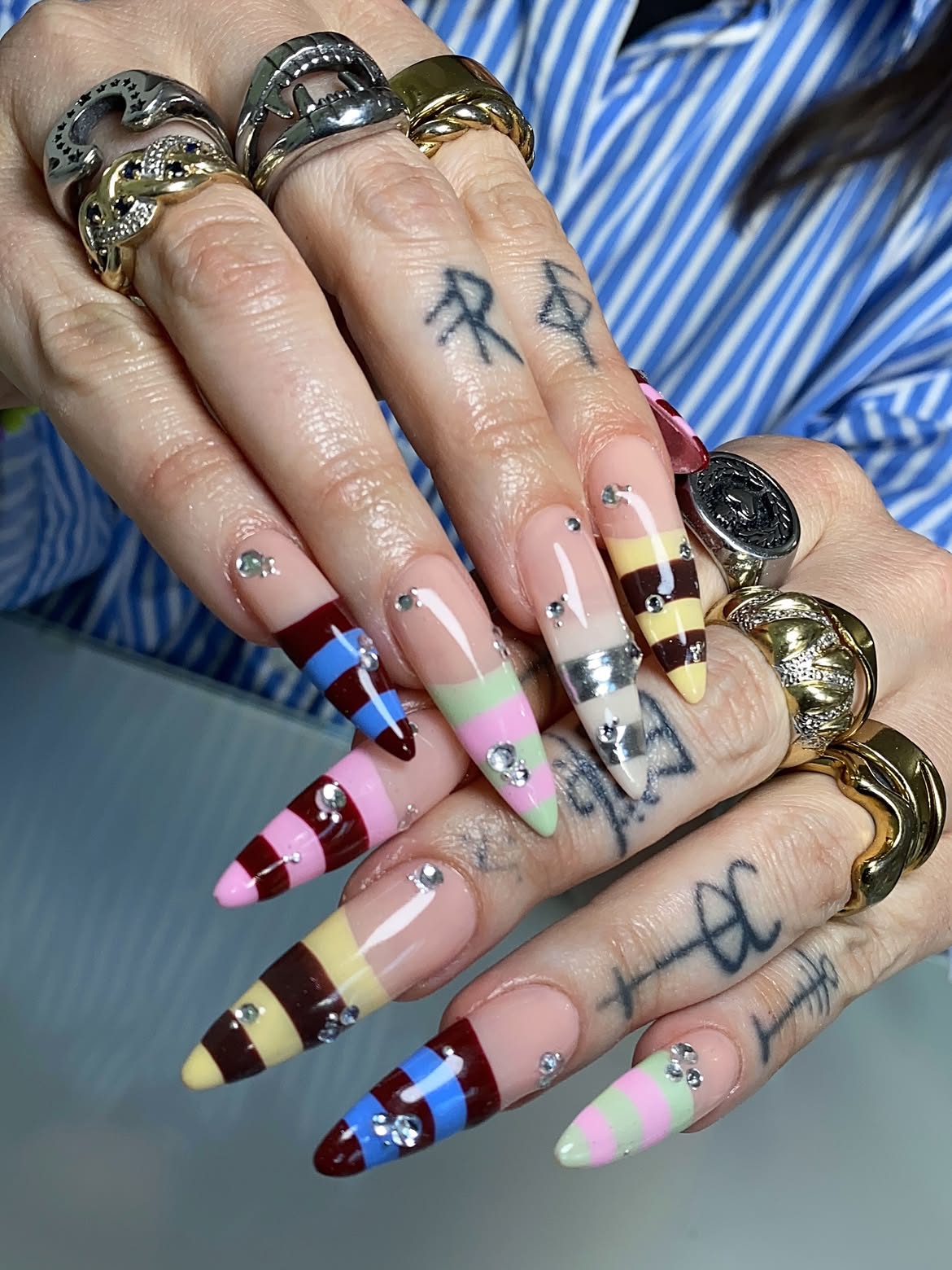 Colorful Striped Stiletto Nails with Rhinestones