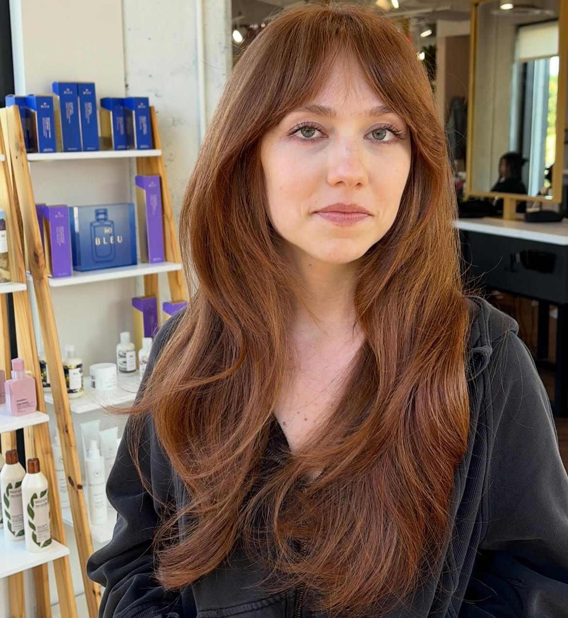 Copper Long Layers With Soft Curtain Bangs