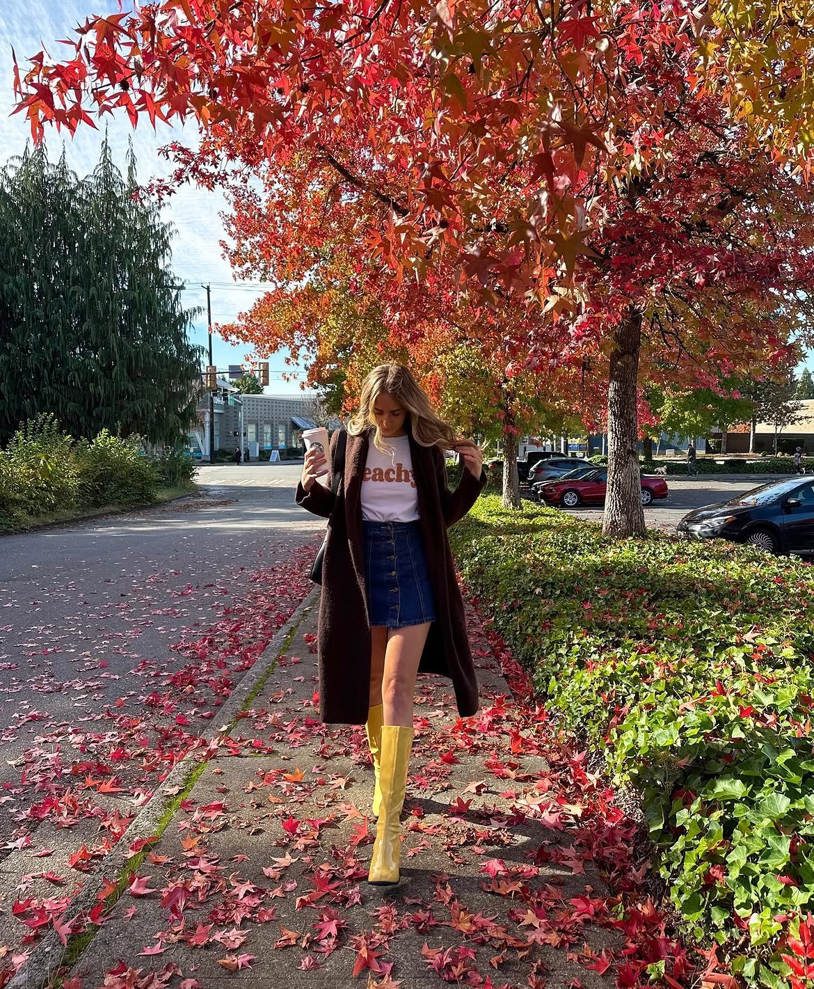 Cozy Brown Cardigan With Denim Mini Skirt