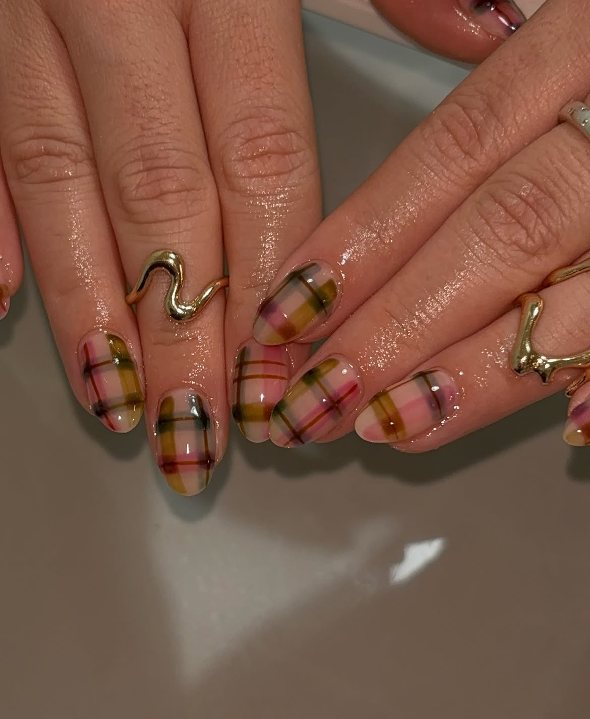 Cozy Plaid Almond Nails with Glossy Finish
