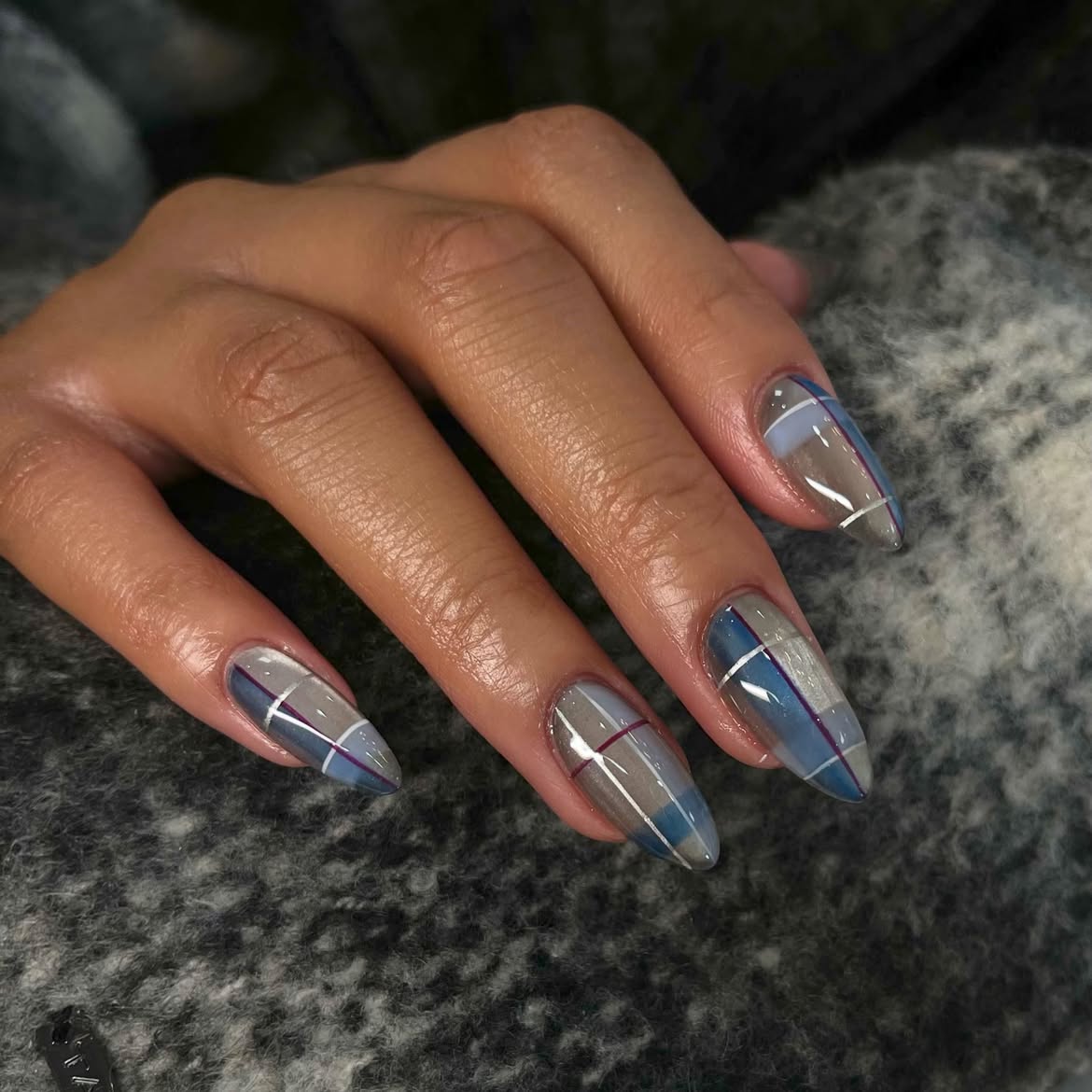 Cozy Plaid Almond Nails with Gray and Blue Tones