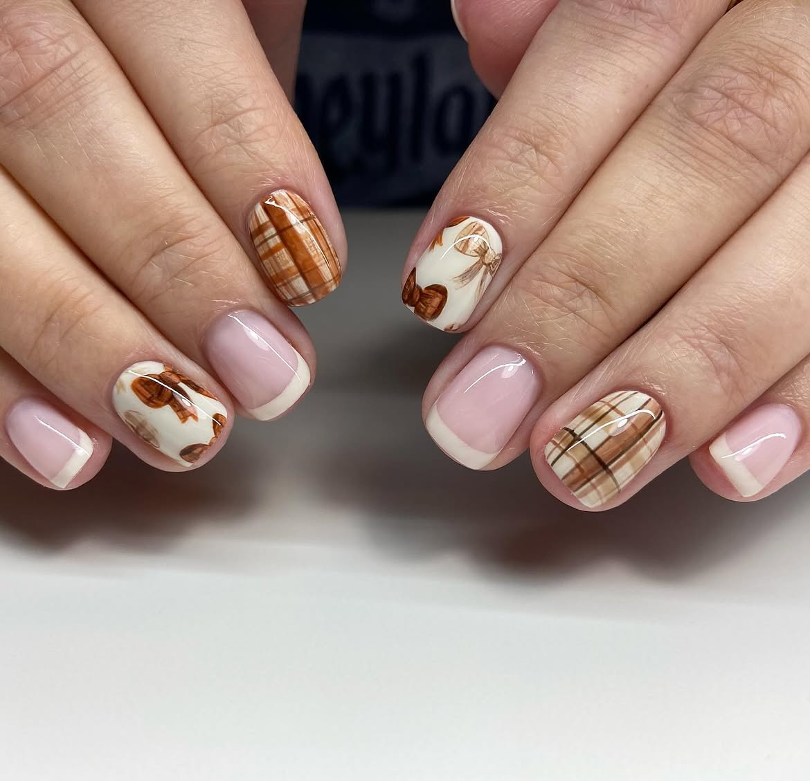 Cozy Plaid and Bow French Tip Nails