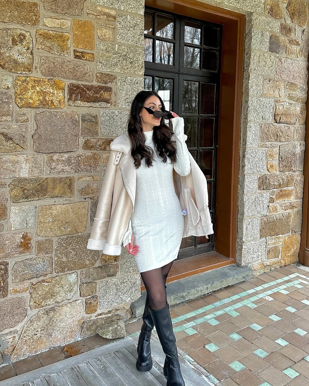 Cream Knit Dress With Shearling Jacket & Boots