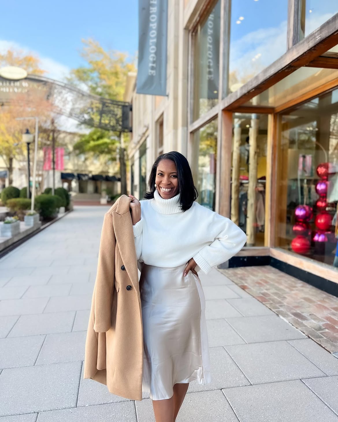 Cream Turtleneck And Satin Skirt Thanksgiving Outfit