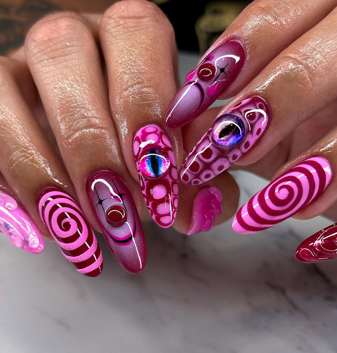 Creepy Eye & Swirl Halloween Stiletto Nails