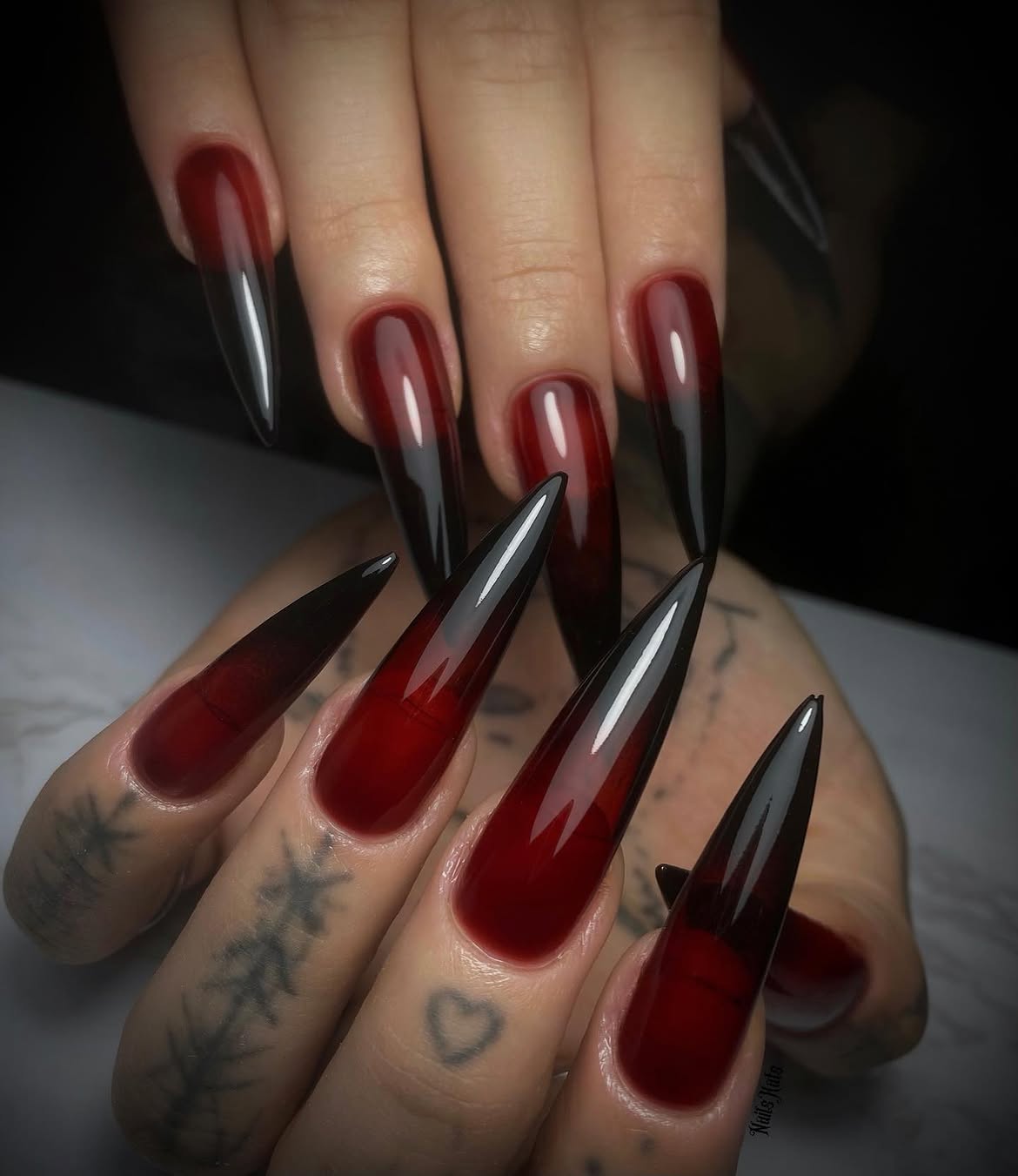 Crimson Black Ombre Stiletto Nails