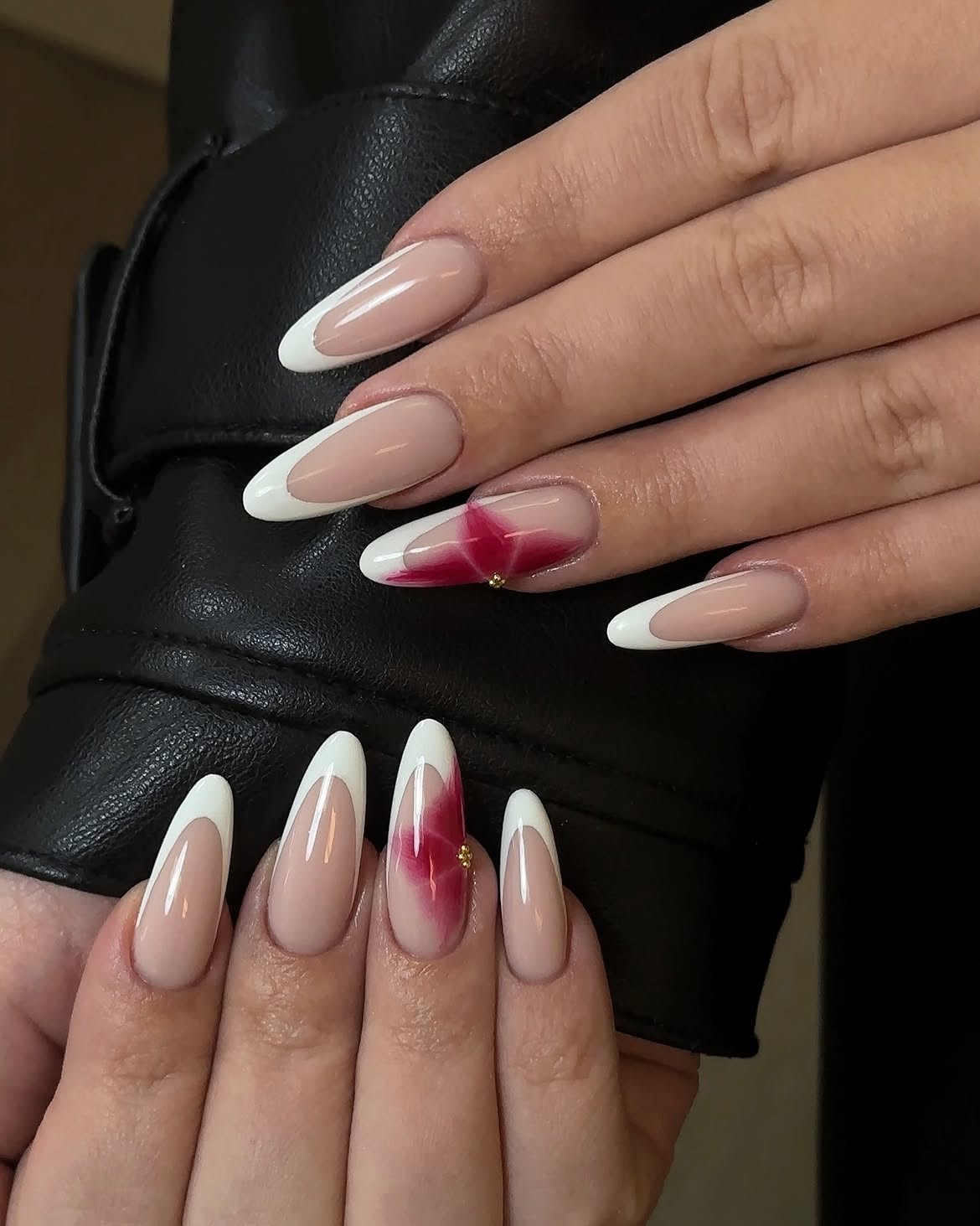 Crimson Swirl Almond French Tip Nails