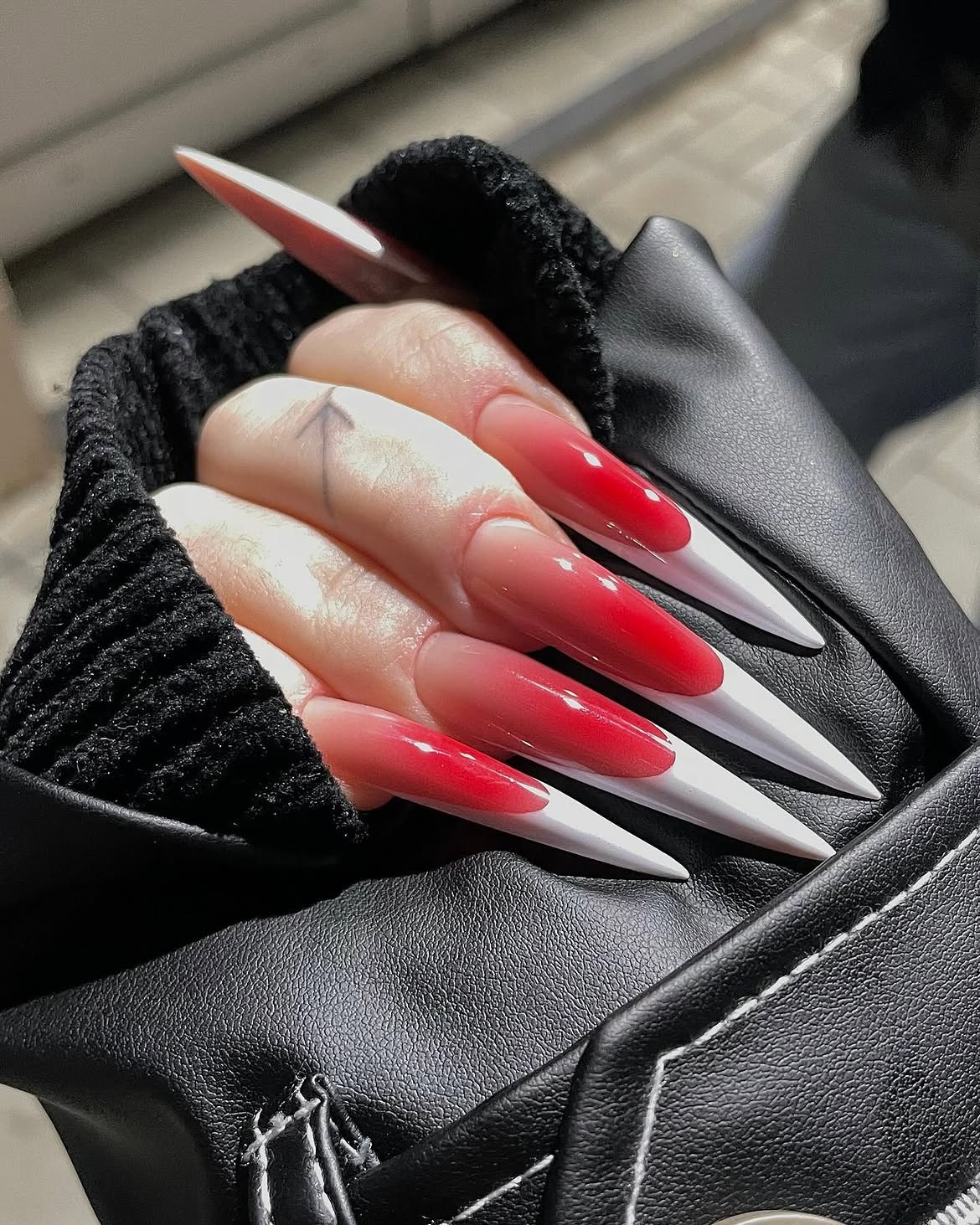 Crimson & White Ombre Stiletto Nails
