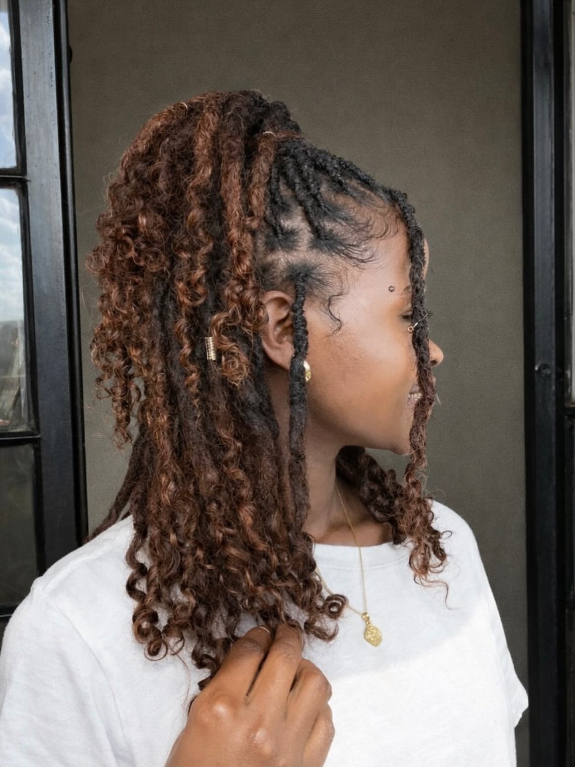 Curly Goddess Faux Locs In Auburn Mix