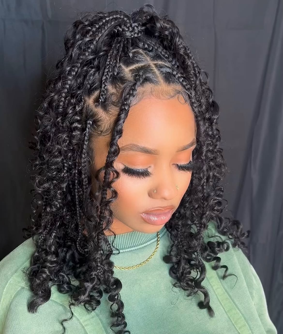 Curly Half Up Knotless Braids With Box Parts