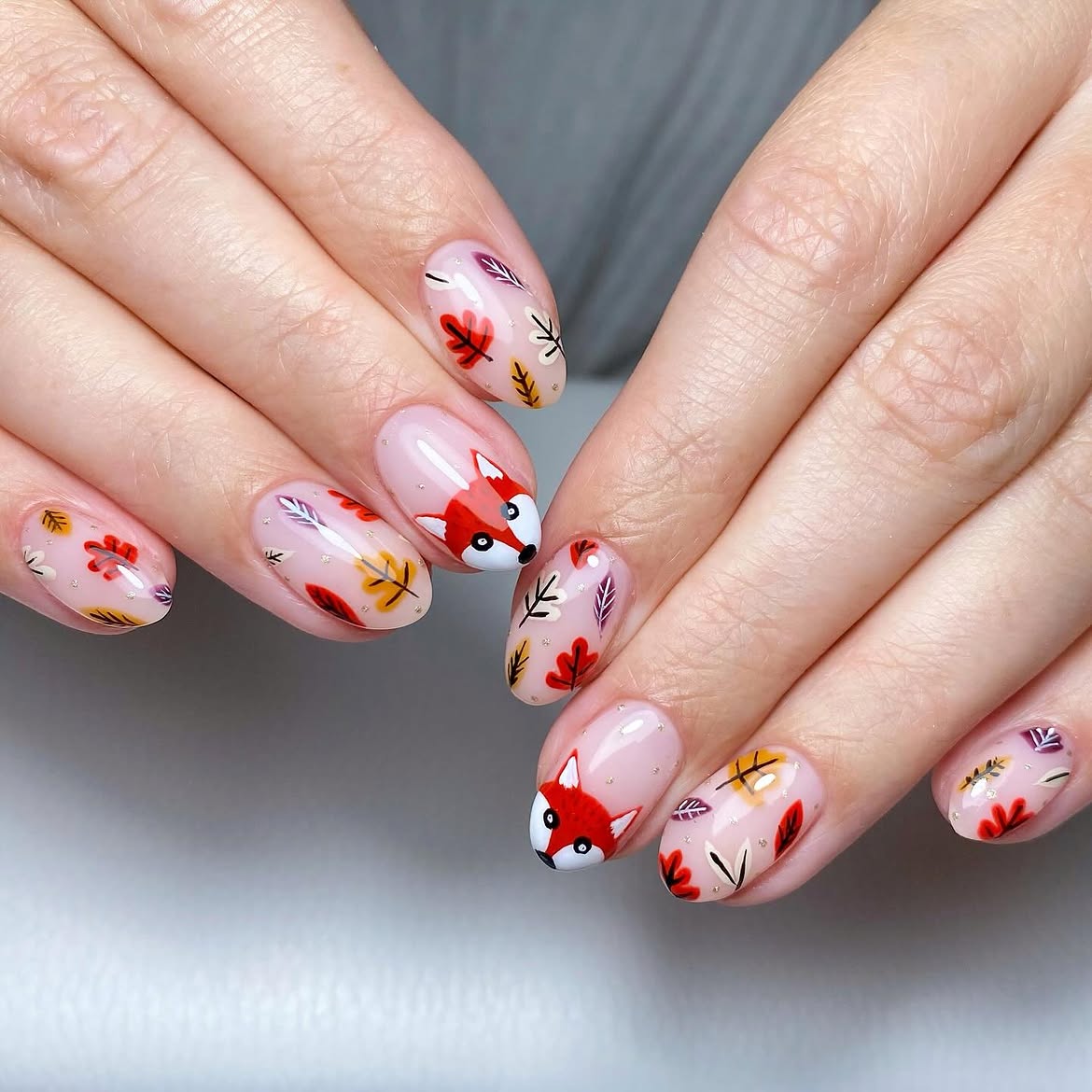 Cute Fox and Falling Leaves Autumn Nails