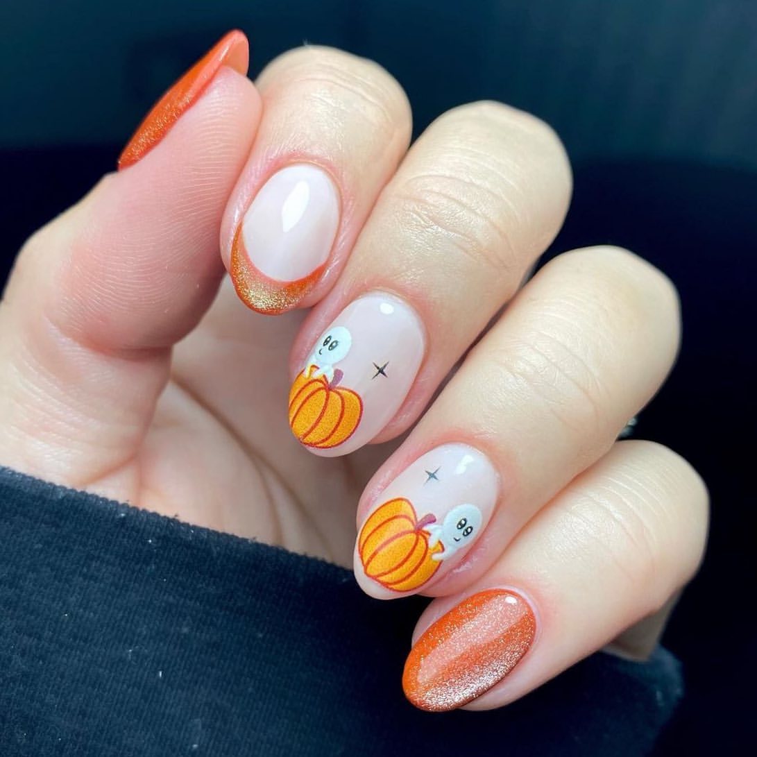 Cute Ghost and Pumpkin Halloween French Tips